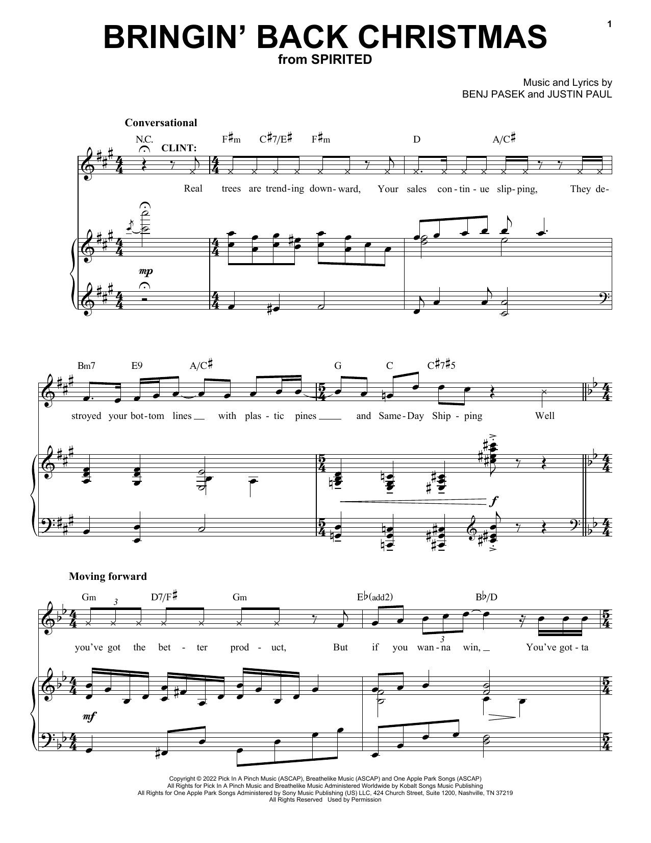 Pasek & Paul Bringin' Back Christmas (from Spirited) sheet music notes and chords arranged for Piano & Vocal