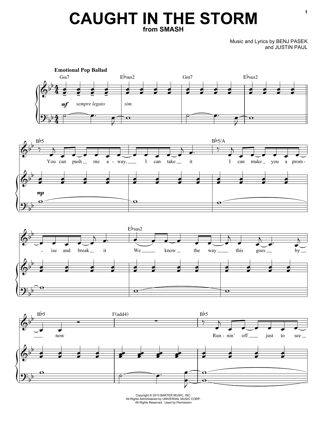 Pasek & Paul Caught In The Storm (from Smash) sheet music notes and chords arranged for Piano & Vocal