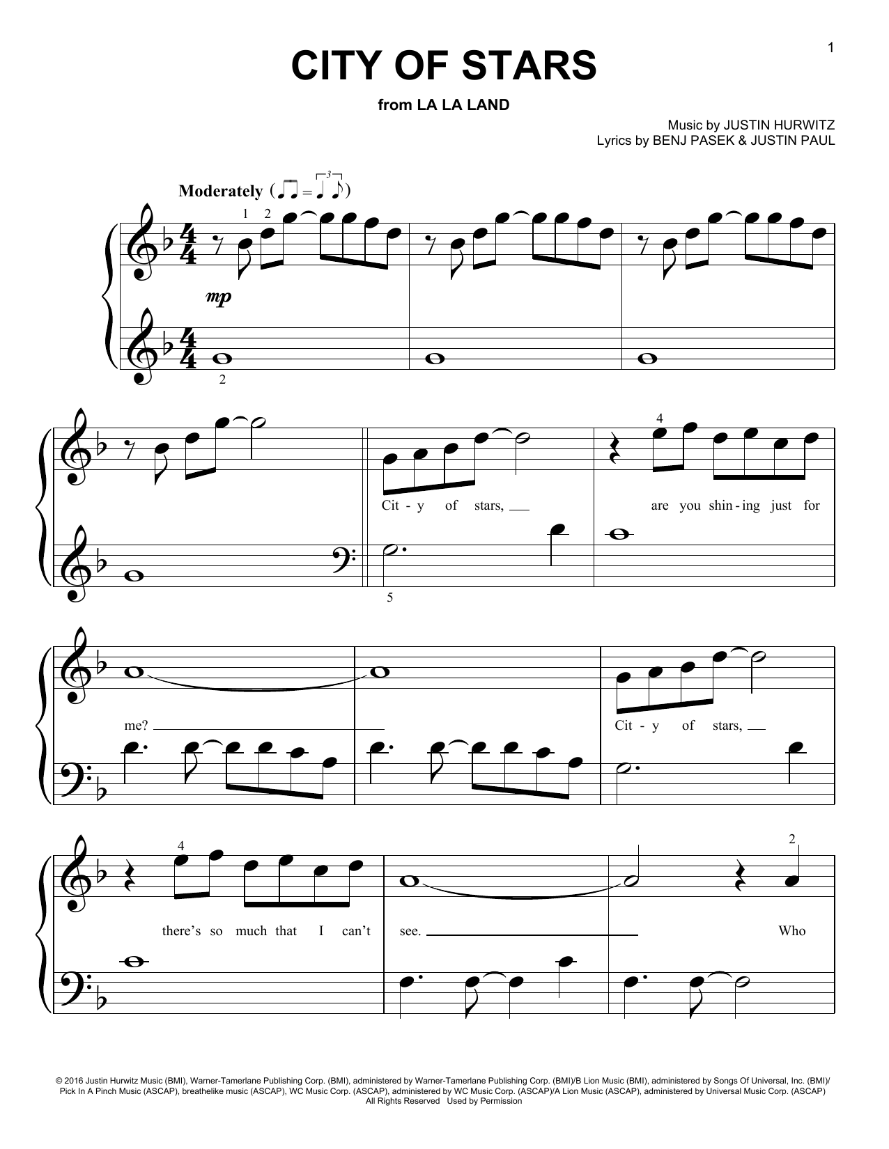 Pasek & Paul City Of Stars (from La La Land) sheet music notes and chords arranged for Big Note Piano
