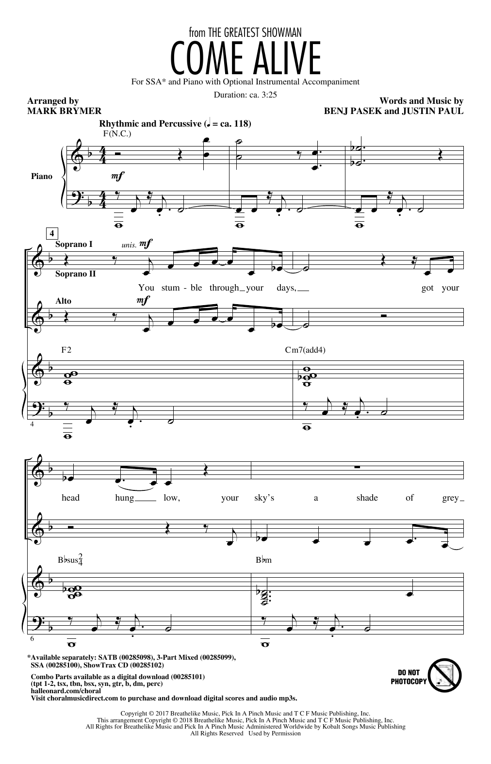 Pasek & Paul Come Alive (from The Greatest Showman) (arr. Mark Brymer) sheet music notes and chords arranged for 3-Part Mixed Choir