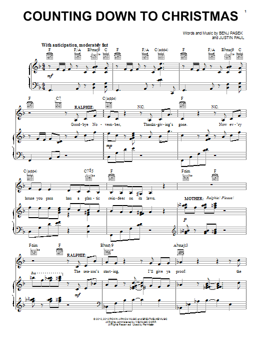 Pasek & Paul Counting Down To Christmas sheet music notes and chords arranged for Piano, Vocal & Guitar Chords (Right-Hand Melody)