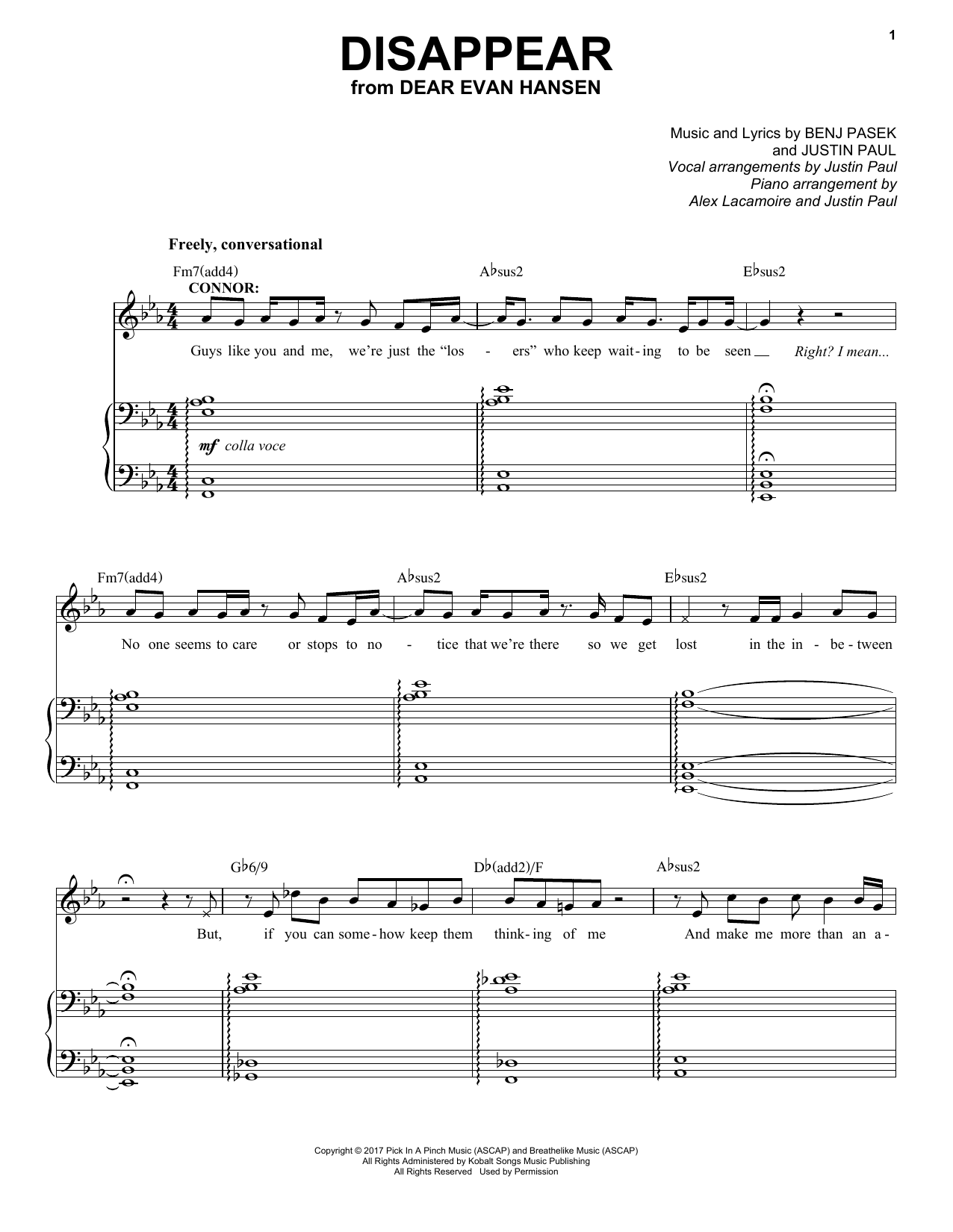Pasek & Paul Disappear (from Dear Evan Hansen) sheet music notes and chords arranged for Easy Piano