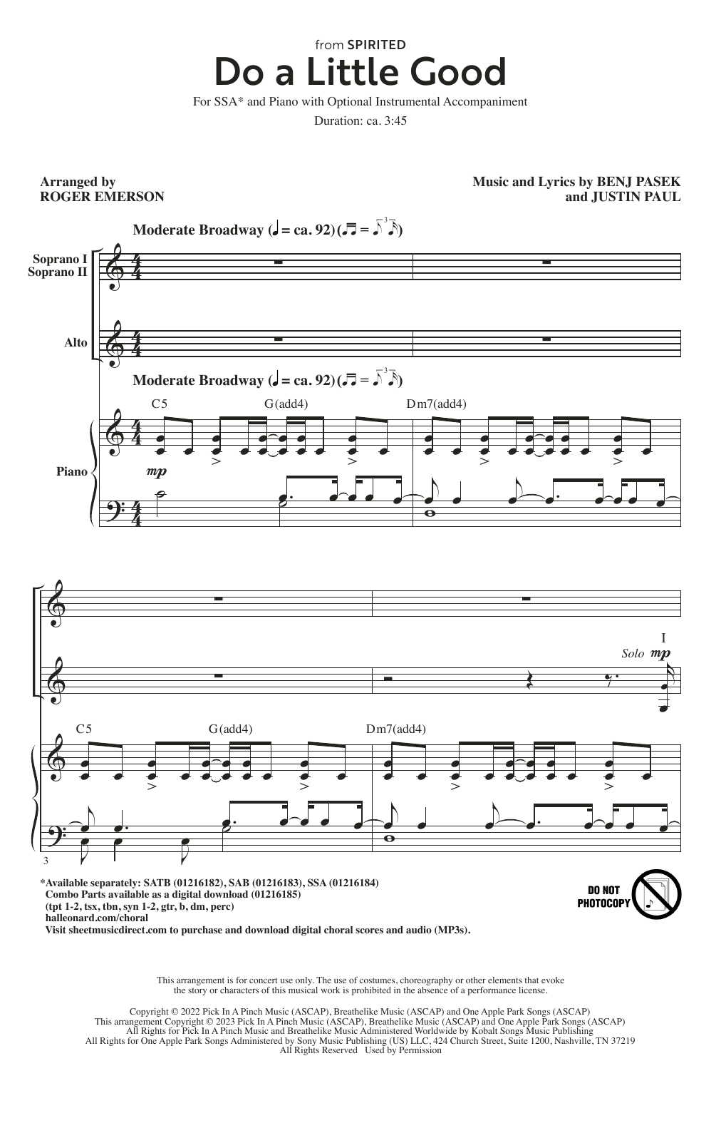 Pasek & Paul Do A Little Good (from Spirited) (arr. Roger Emerson) sheet music notes and chords arranged for SAB Choir