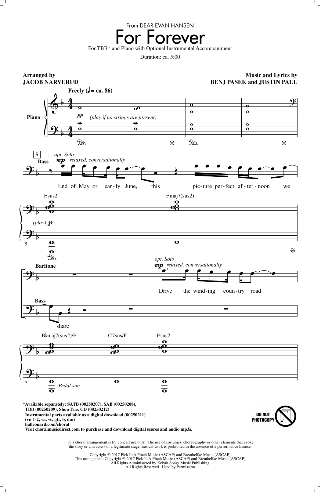 Pasek & Paul For Forever (from Dear Evan Hansen) (arr. Jacob Narverud) sheet music notes and chords arranged for TBB Choir