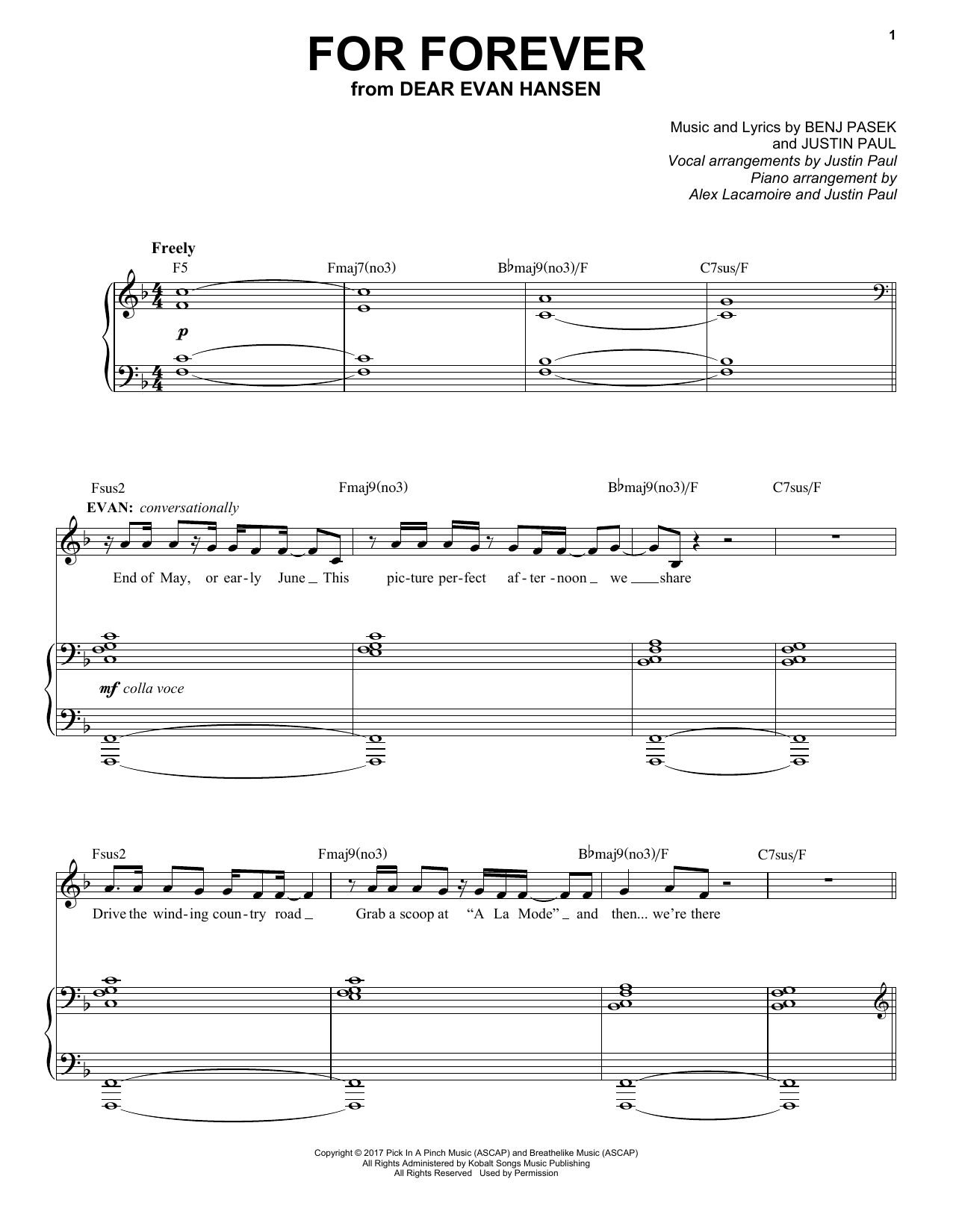 Pasek & Paul For Forever (from Dear Evan Hansen) sheet music notes and chords arranged for Vocal Pro + Piano/Guitar