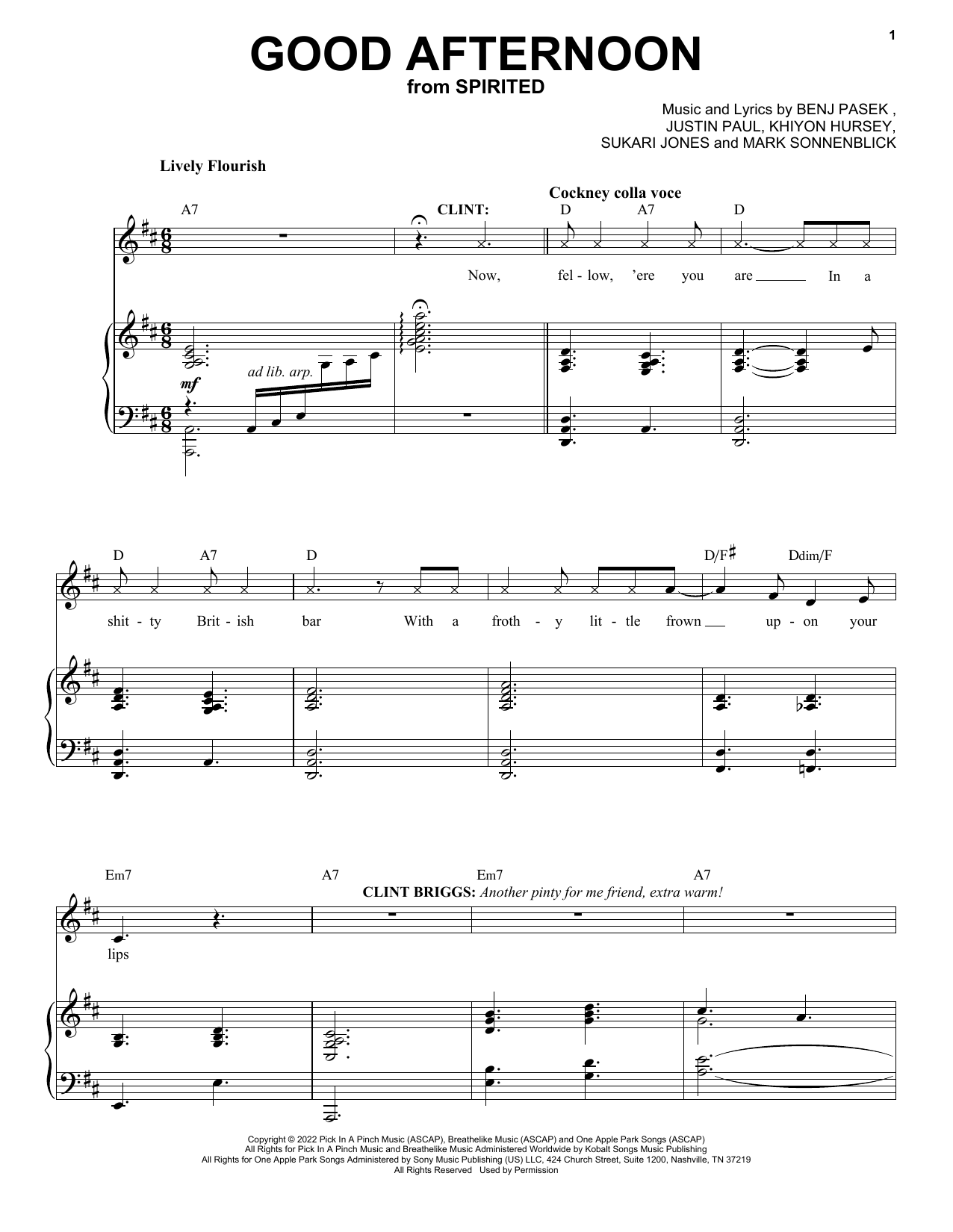 Pasek & Paul Good Afternoon (from Spirited) sheet music notes and chords arranged for Piano & Vocal