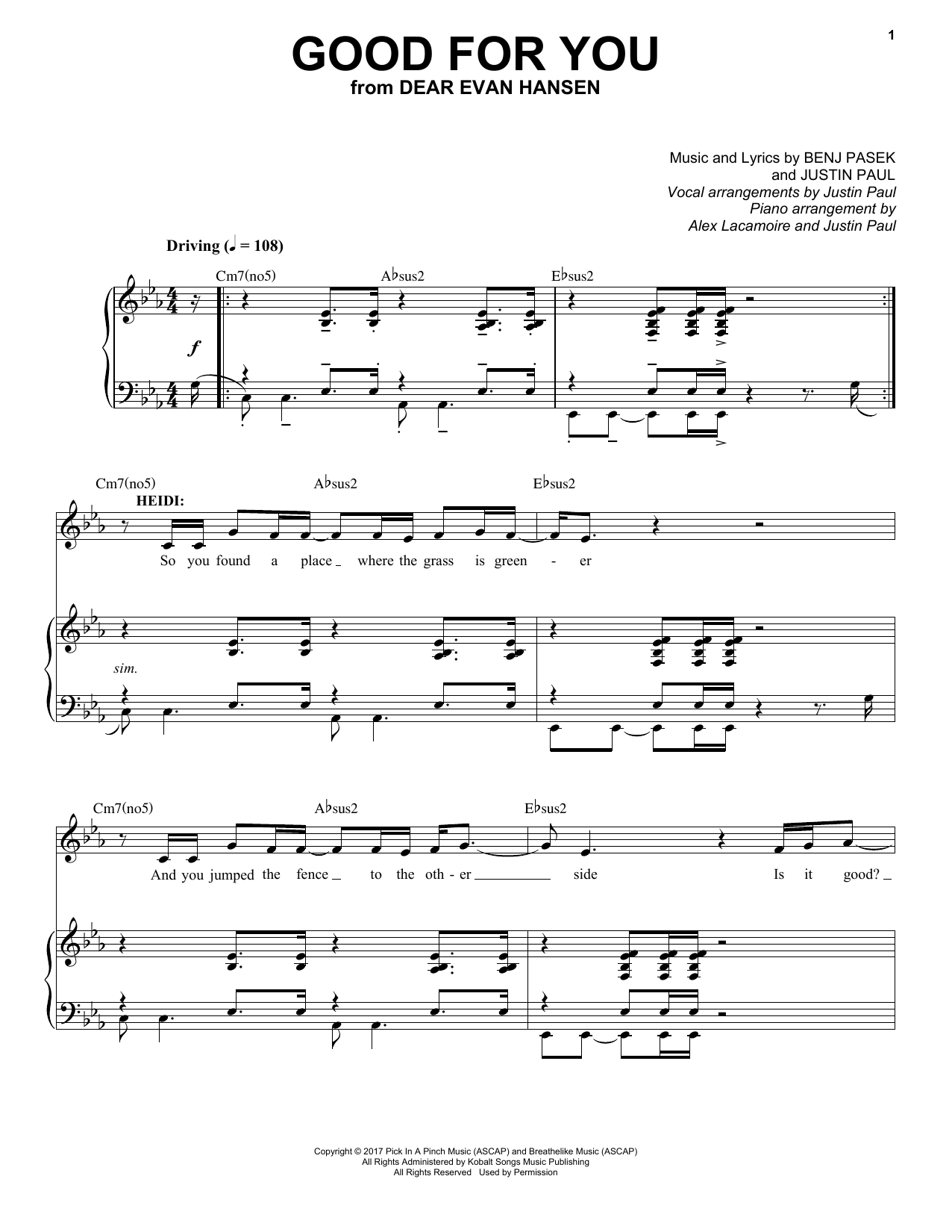 Pasek & Paul Good For You (from Dear Evan Hansen) sheet music notes and chords arranged for Piano & Vocal