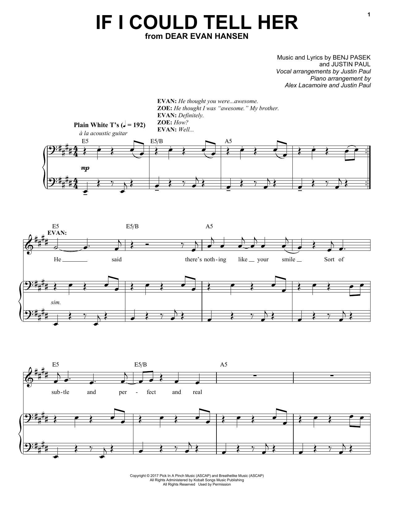 Pasek & Paul If I Could Tell Her (from Dear Evan Hansen) sheet music notes and chords arranged for Guitar Chords/Lyrics