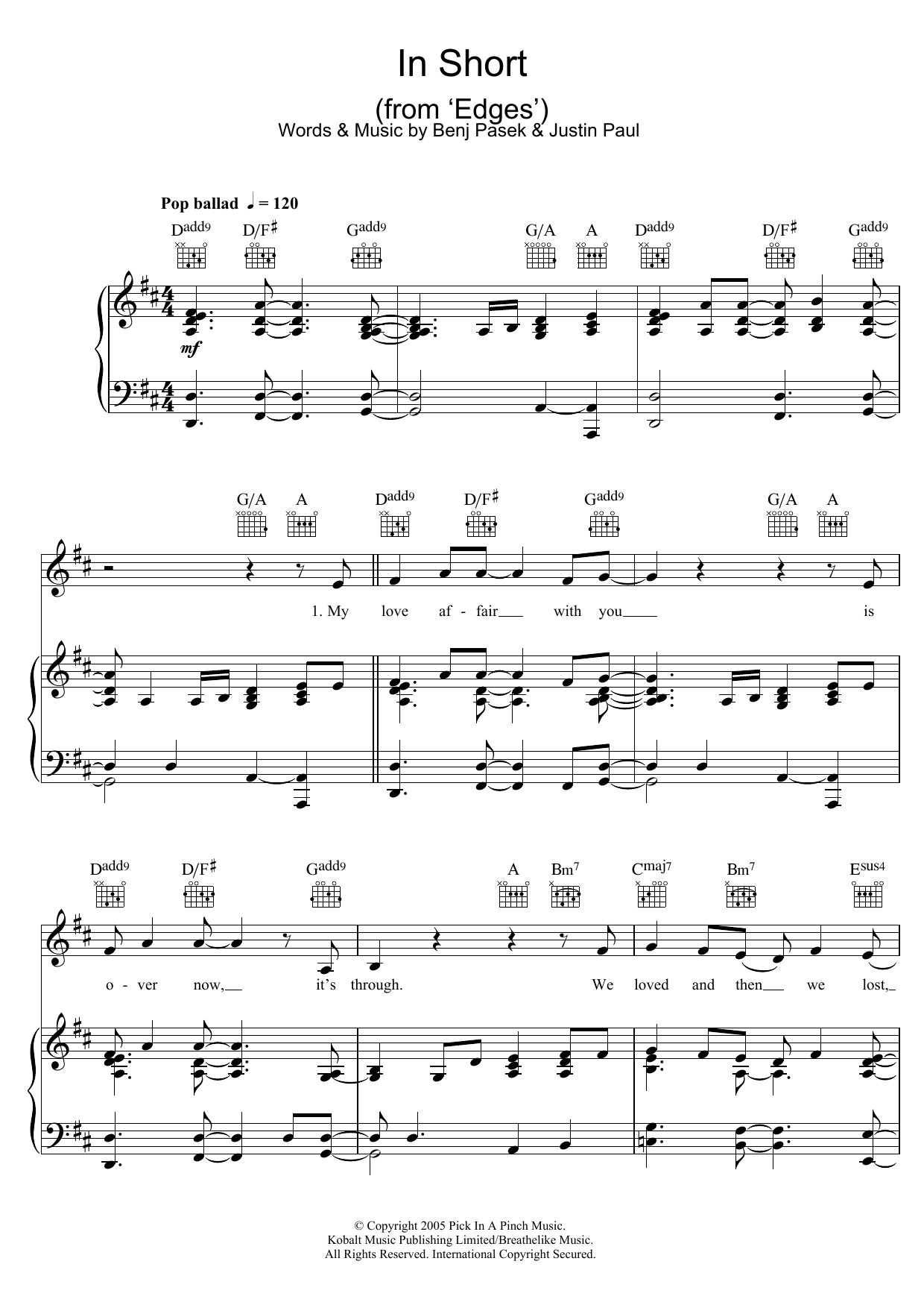 Pasek & Paul In Short (from Edges) sheet music notes and chords arranged for Piano, Vocal & Guitar Chords