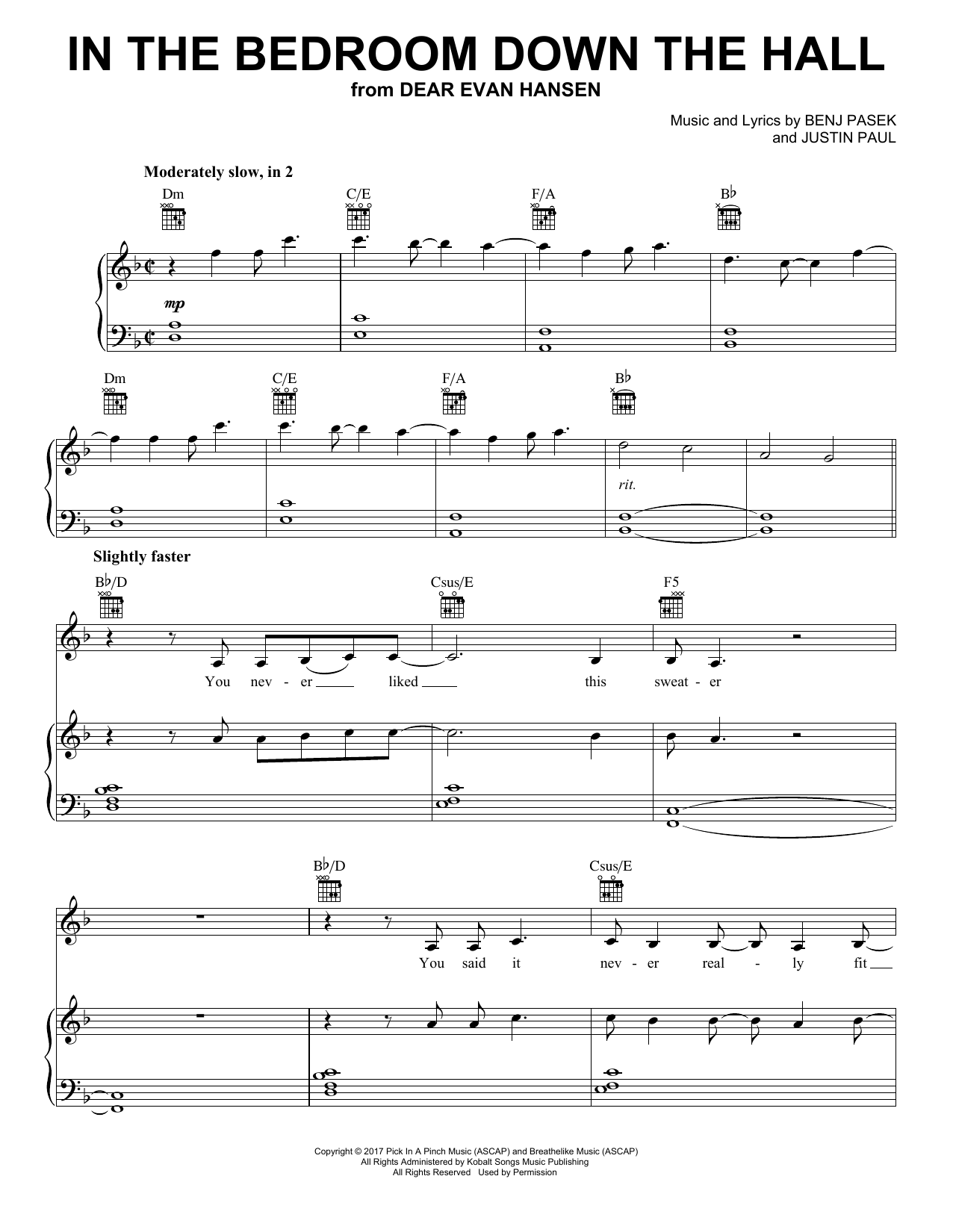 Pasek & Paul In The Bedroom Down The Hall (from Dear Evan Hansen) sheet music notes and chords arranged for Piano, Vocal & Guitar Chords (Right-Hand Melody)