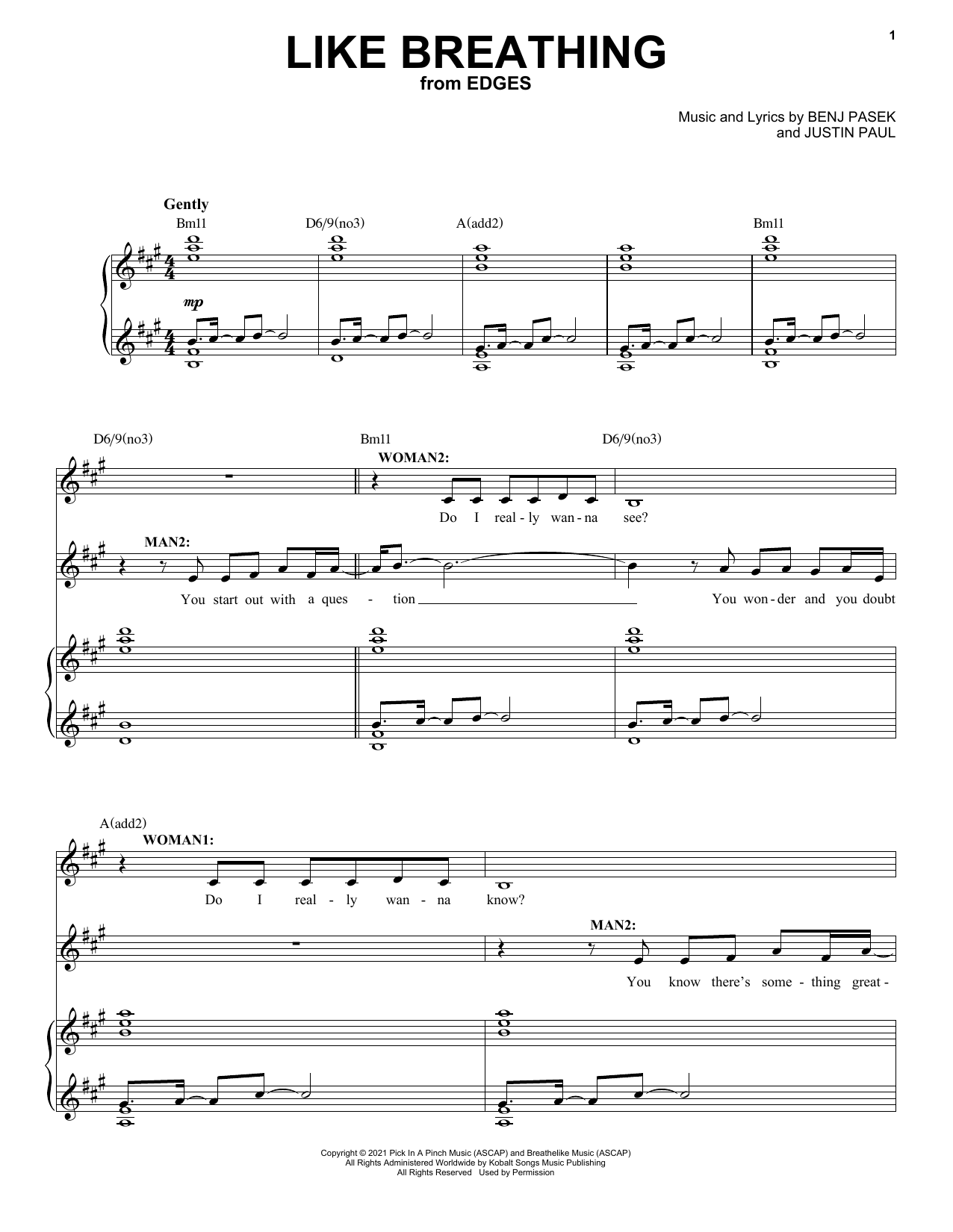 Pasek & Paul Like Breathing (from Edges) sheet music notes and chords arranged for Piano & Vocal