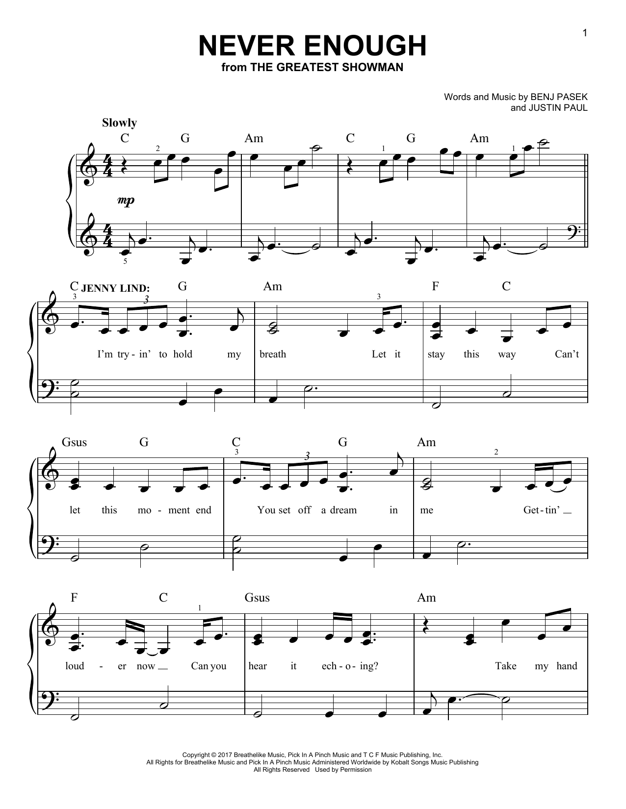 Pasek & Paul Never Enough sheet music notes and chords arranged for Easy Piano