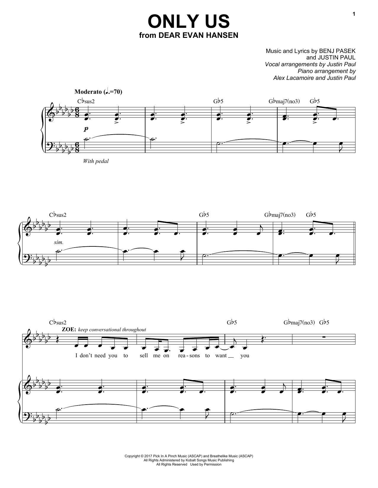 Pasek & Paul Only Us (from Dear Evan Hansen) sheet music notes and chords arranged for Piano & Vocal