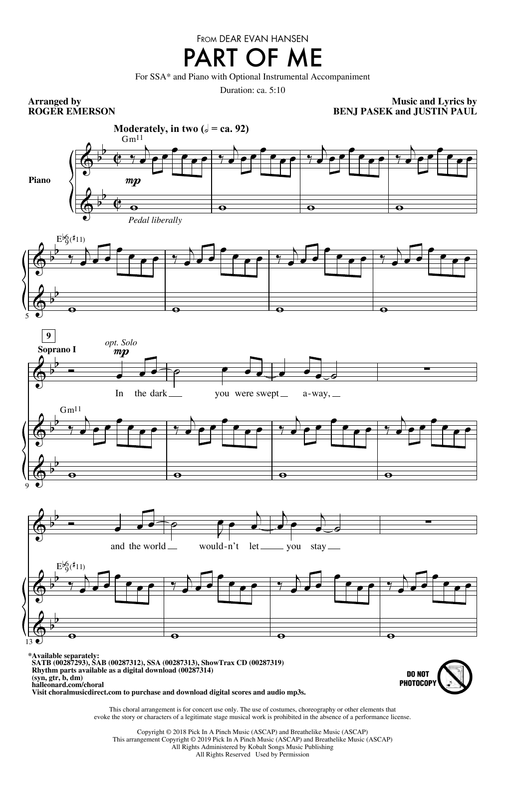 Pasek & Paul Part Of Me (from Dear Evan Hansen) (arr. Roger Emerson) sheet music notes and chords arranged for SAB Choir