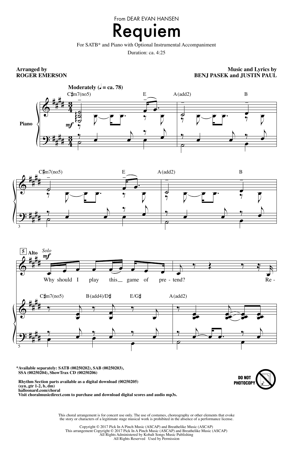 Pasek & Paul Requiem (from Dear Evan Hansen) (arr. Roger Emerson) sheet music notes and chords arranged for SATB Choir