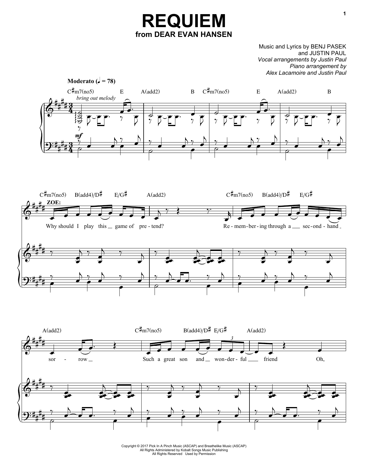 Pasek & Paul Requiem (from Dear Evan Hansen) sheet music notes and chords arranged for Piano, Vocal & Guitar Chords (Right-Hand Melody)