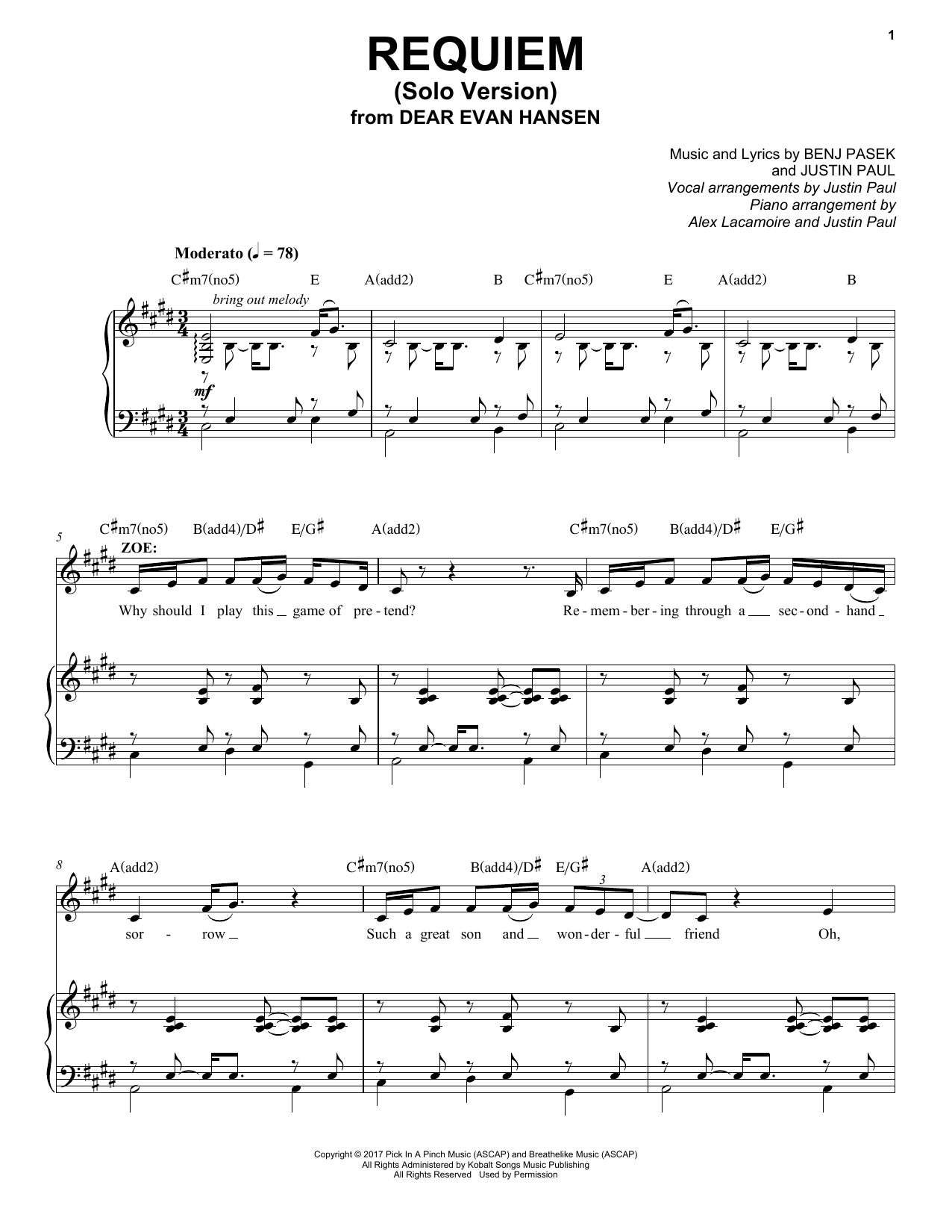 Pasek & Paul Requiem (Solo Version) (from Dear Evan Hansen) sheet music notes and chords arranged for Piano & Vocal