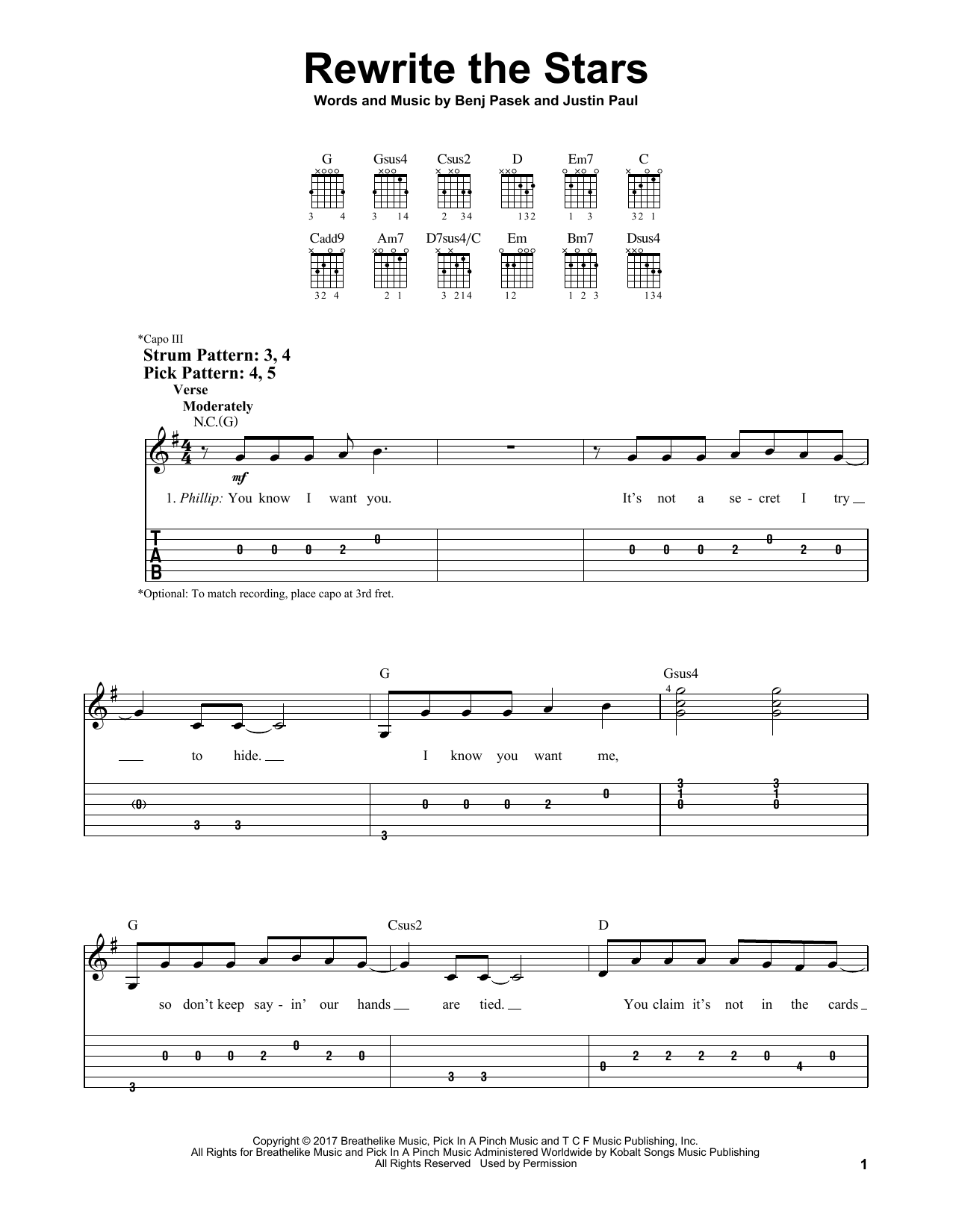 Pasek & Paul Rewrite The Stars sheet music notes and chords arranged for Easy Guitar Tab