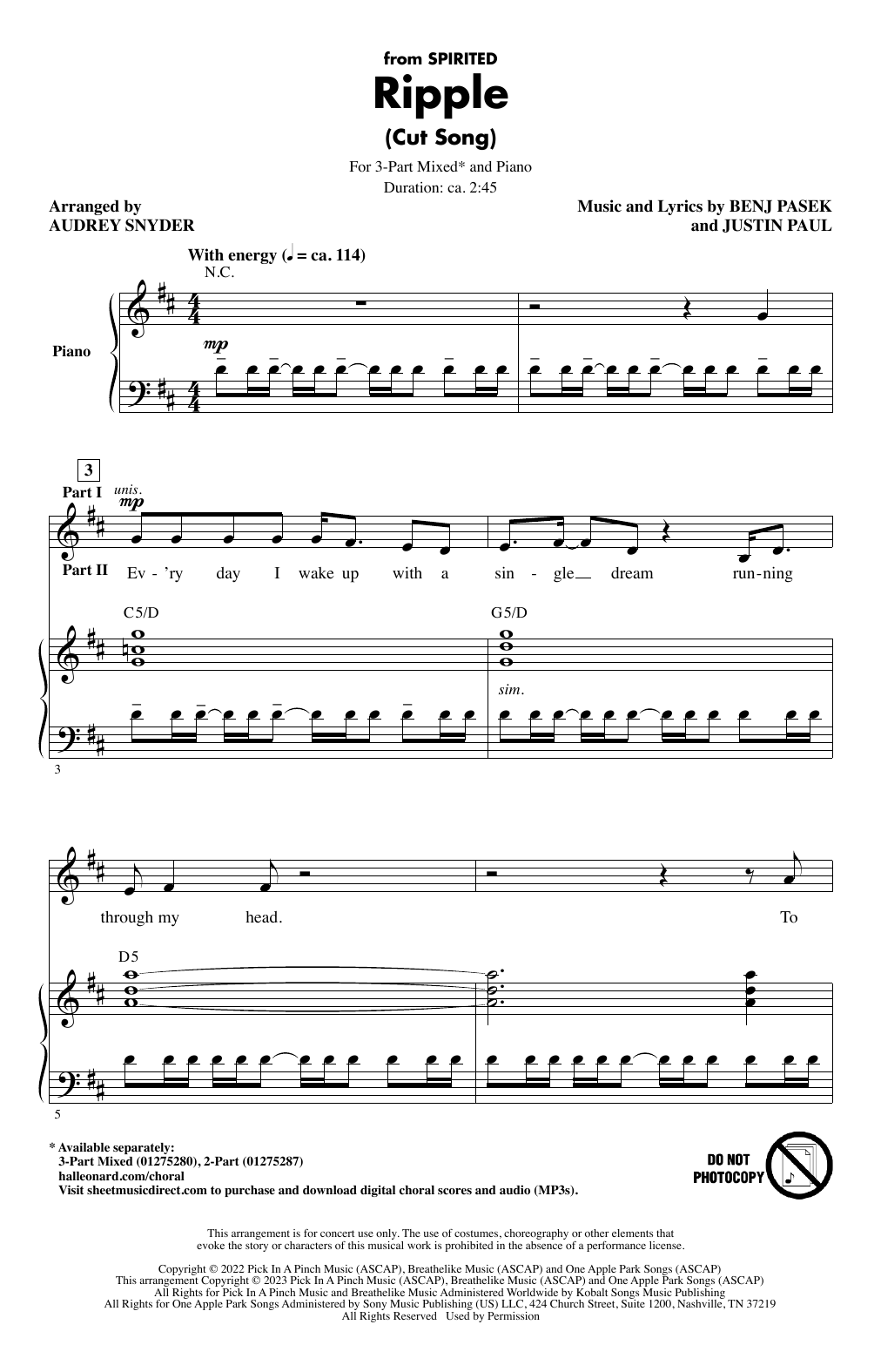 Pasek & Paul Ripple (Cut Song) (from Spirited) (arr. Audrey Snyder) sheet music notes and chords arranged for 3-Part Mixed Choir