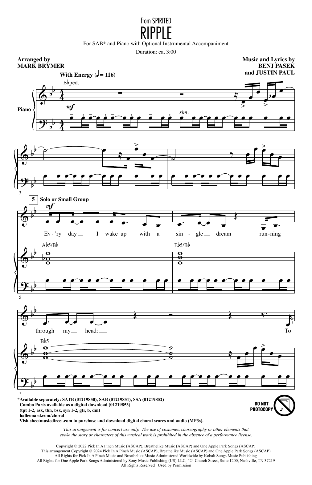 Pasek & Paul Ripple (Cut Song from Spirited) (arr. Mark Brymer) sheet music notes and chords arranged for SSA Choir