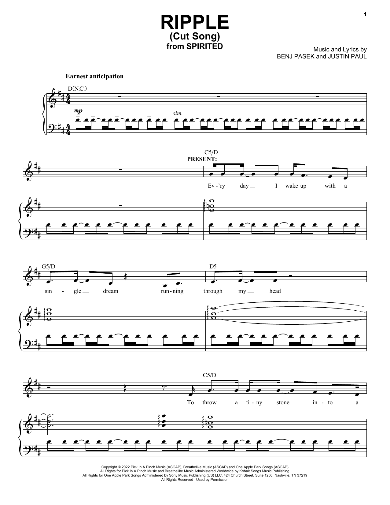 Pasek & Paul Ripple (Cut Song) (from Spirited) sheet music notes and chords arranged for Piano & Vocal