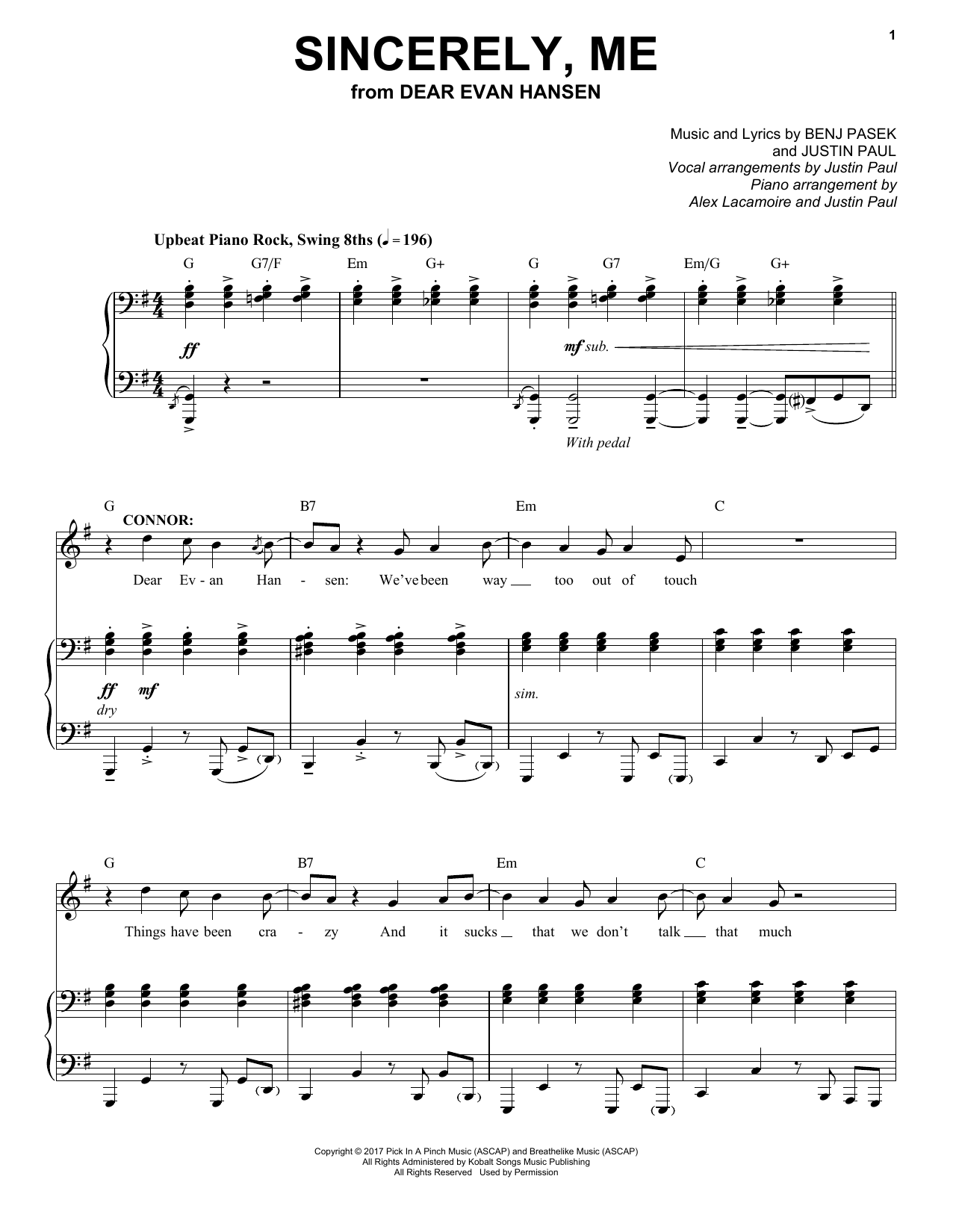 Pasek & Paul Sincerely, Me (from Dear Evan Hansen) sheet music notes and chords arranged for Piano, Vocal & Guitar Chords (Right-Hand Melody)