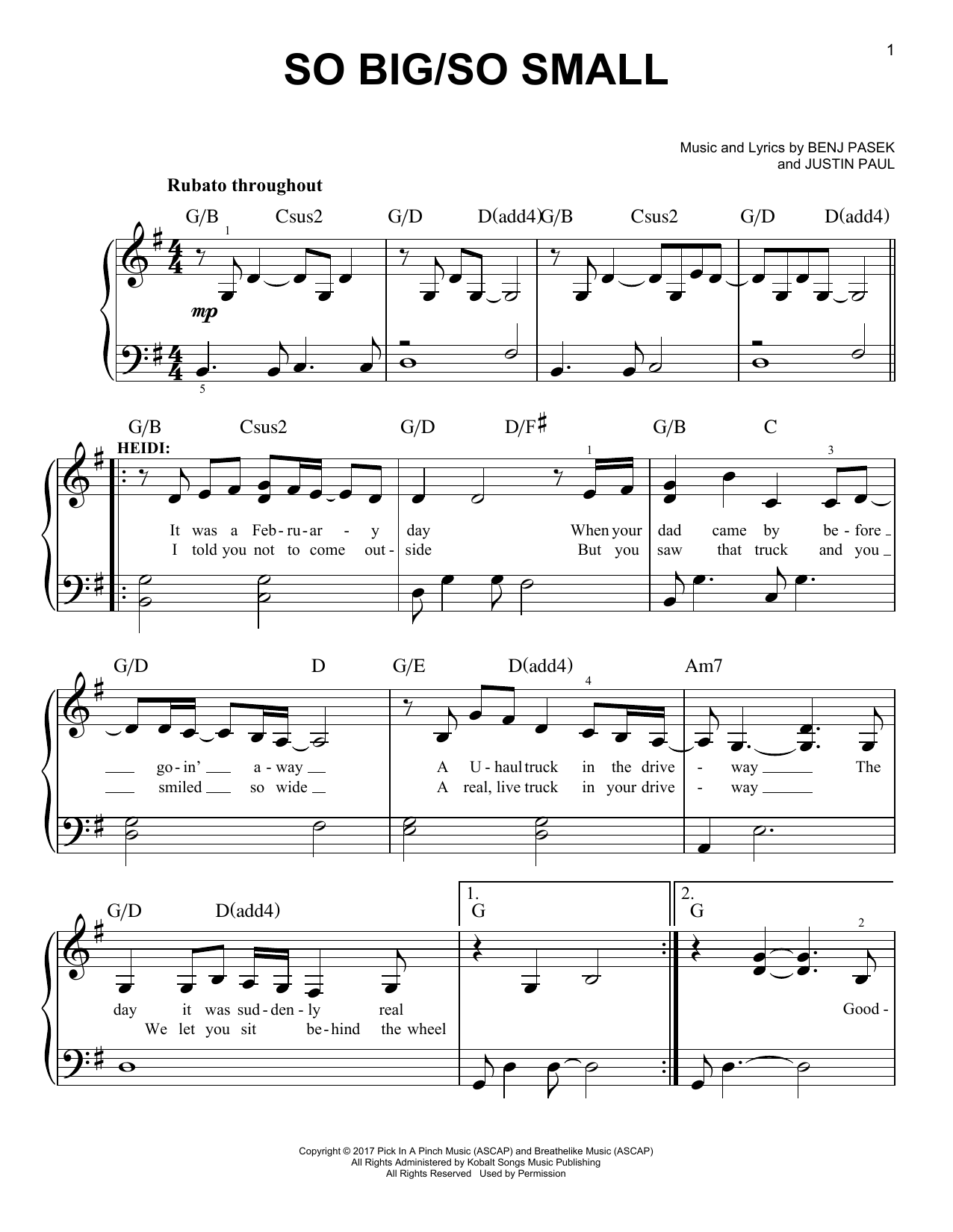 Pasek & Paul So Big/So Small sheet music notes and chords arranged for Easy Piano