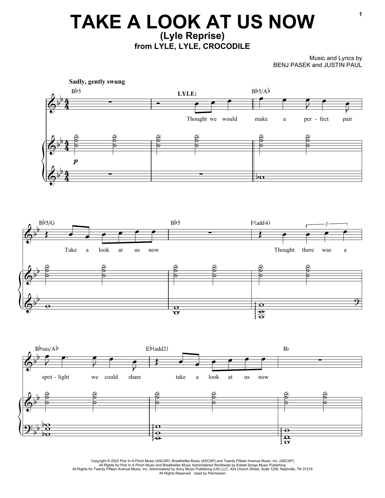 Pasek & Paul Take A Look At Us Now (Lyle Reprise) (from Lyle, Lyle, Crocodile) sheet music notes and chords arranged for Piano, Vocal & Guitar Chords (Right-Hand Melody)