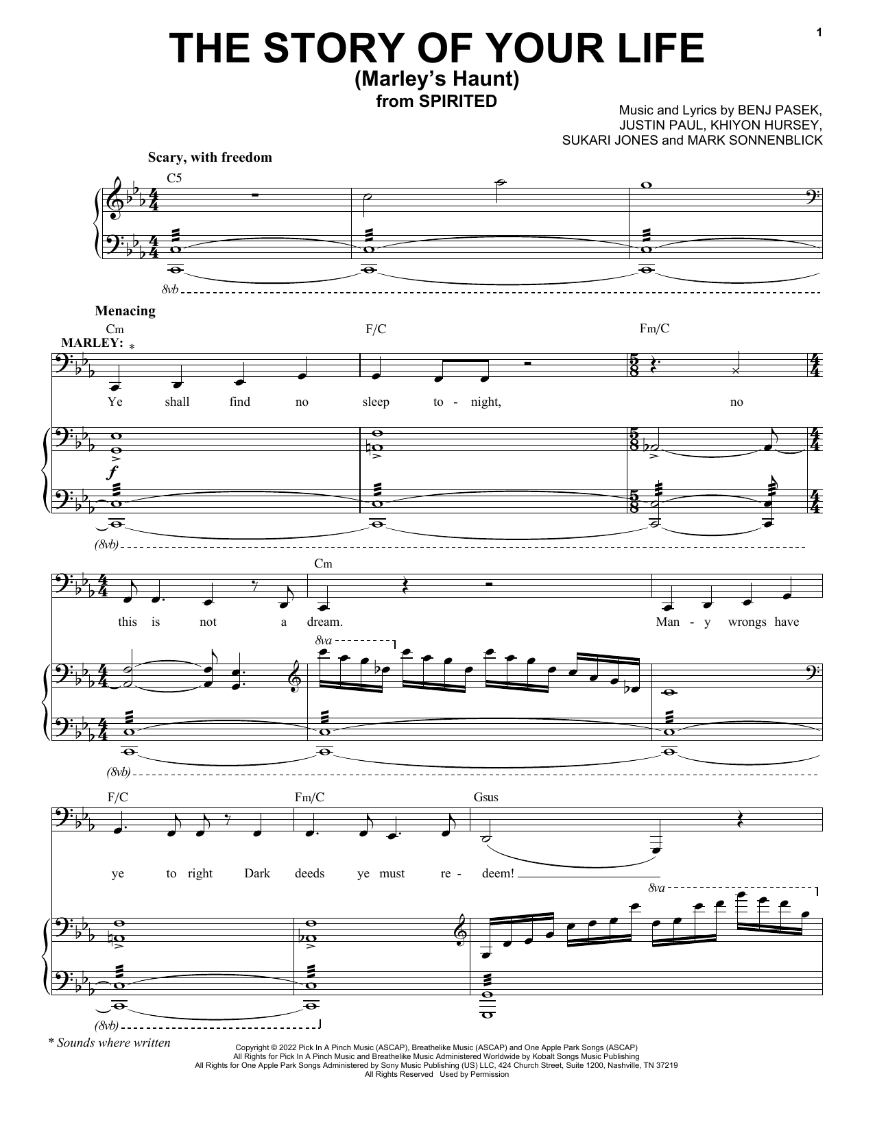 Pasek & Paul The Story Of Your Life (Marley's Haunt) (from Spirited) sheet music notes and chords arranged for Piano & Vocal
