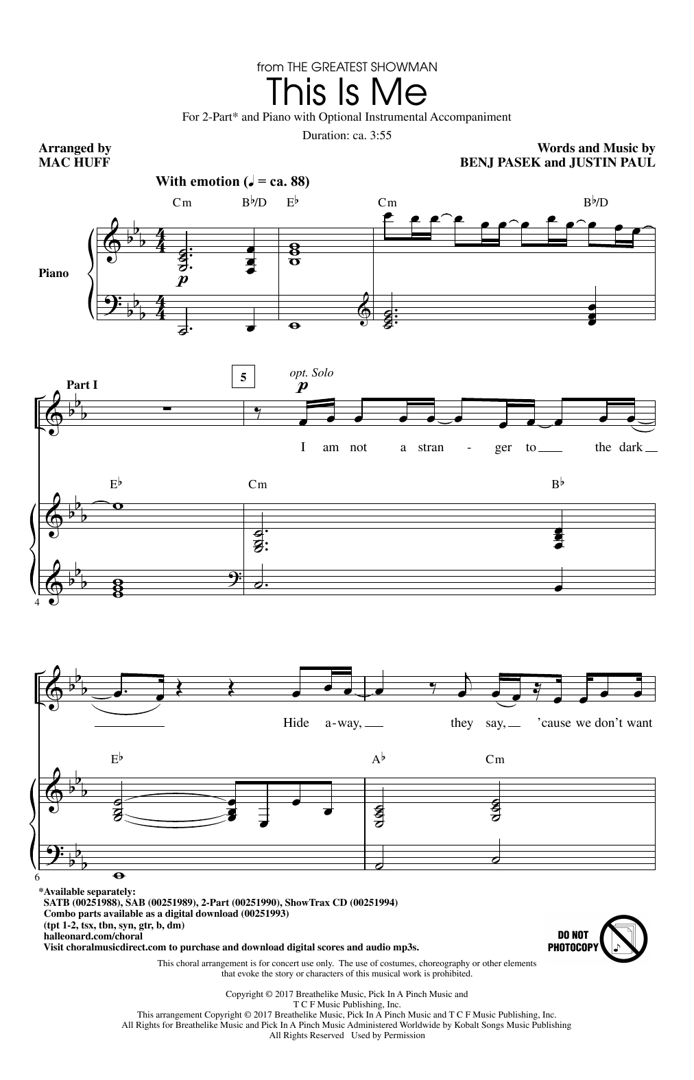 Pasek & Paul This Is Me (from The Greatest Showman) (arr. Mac Huff) sheet music notes and chords arranged for 2-Part Choir