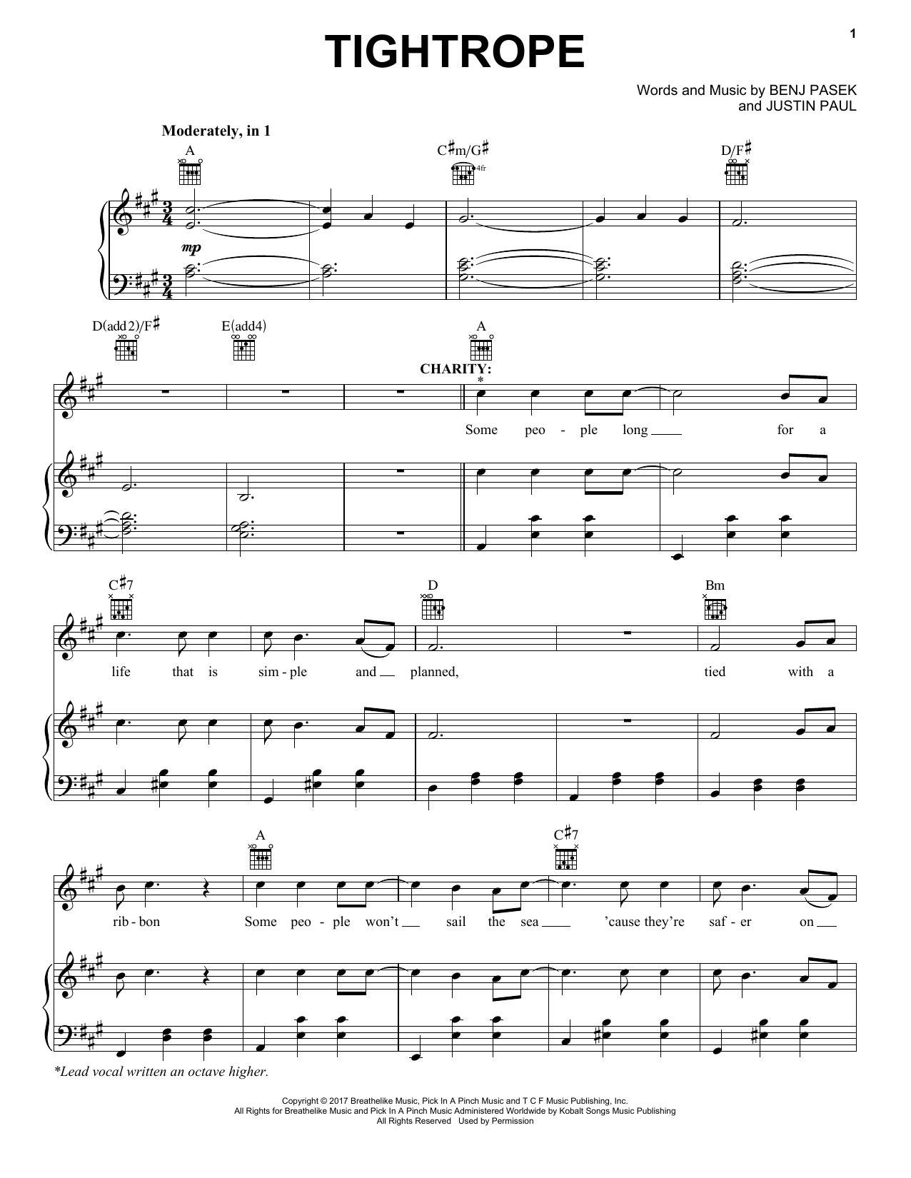 Pasek & Paul Tightrope (from The Greatest Showman) sheet music notes and chords arranged for Piano, Vocal & Guitar Chords (Right-Hand Melody)