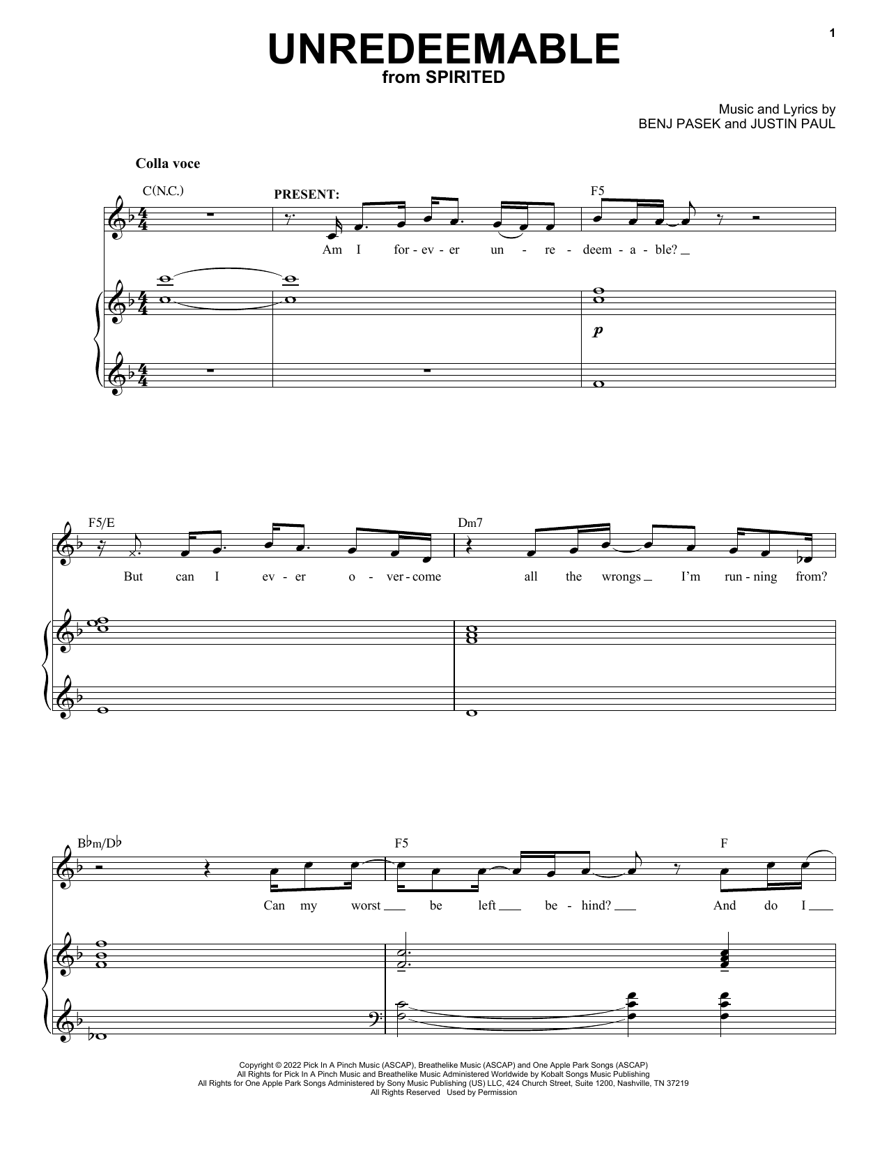 Pasek & Paul Unredeemable (from Spirited) sheet music notes and chords arranged for Piano & Vocal