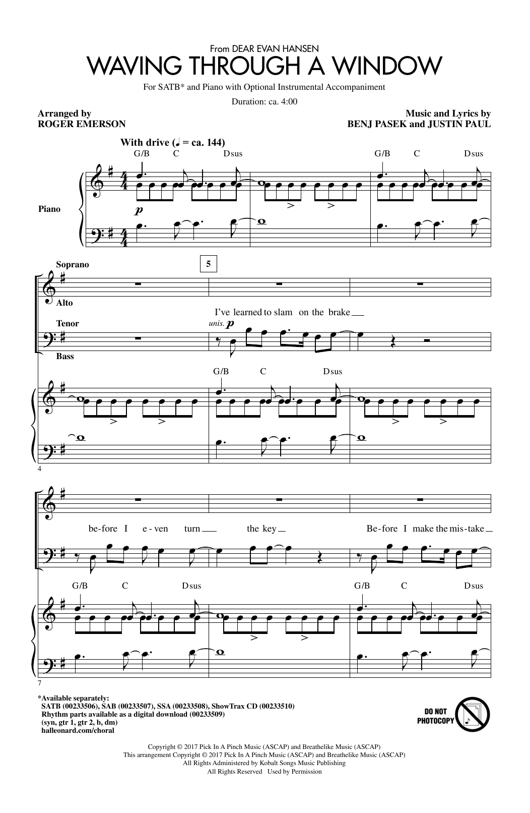 Pasek & Paul Waving Through A Window (arr. Roger Emerson) sheet music notes and chords arranged for SATB Choir
