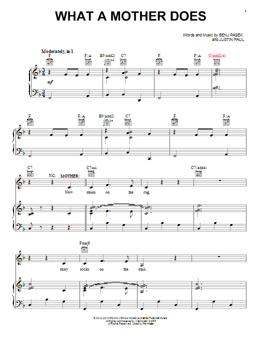 Pasek & Paul What A Mother Does sheet music notes and chords arranged for Piano & Vocal