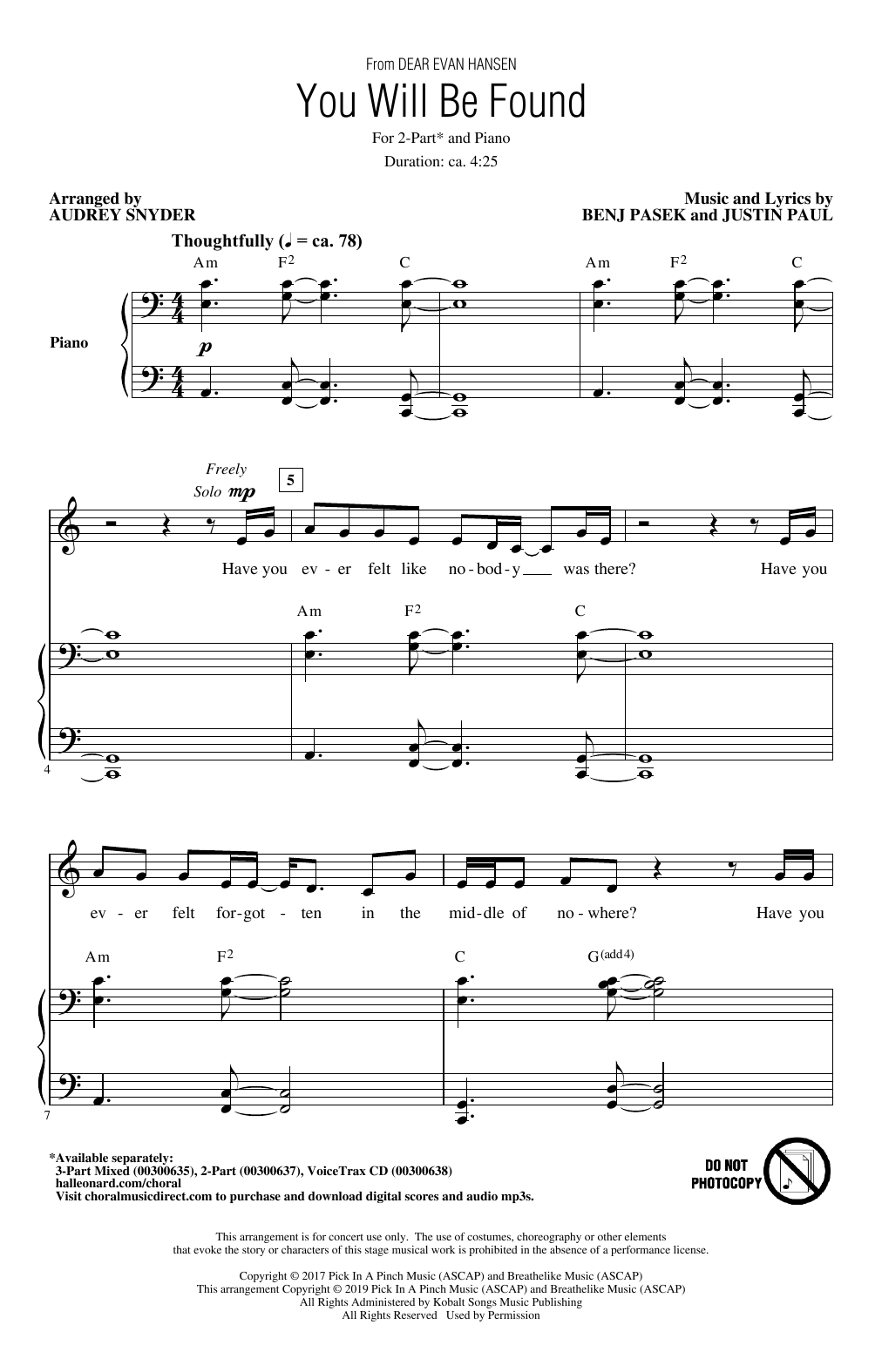 Pasek & Paul You Will Be Found (from Dear Evan Hansen) (arr. Audrey Snyder) sheet music notes and chords arranged for 2-Part Choir