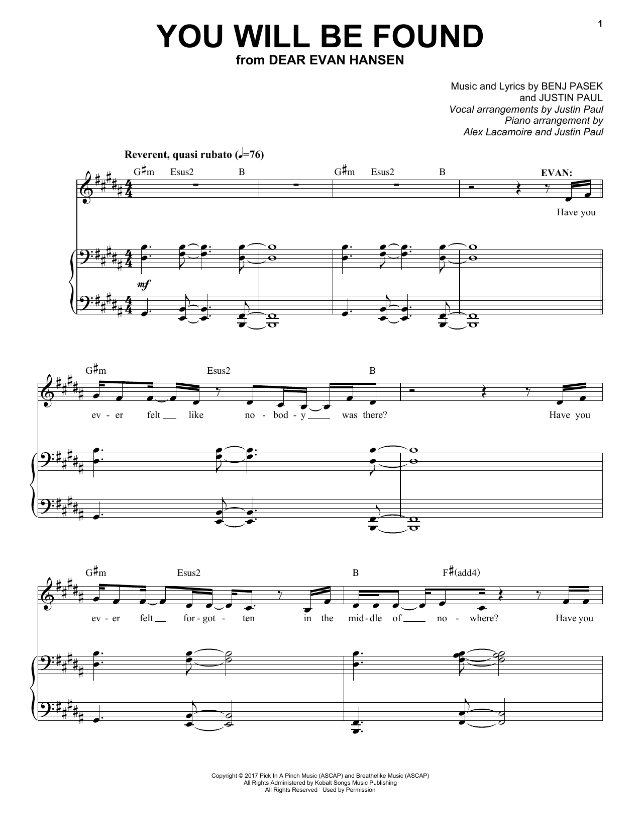 Pasek & Paul You Will Be Found sheet music notes and chords arranged for Piano & Vocal
