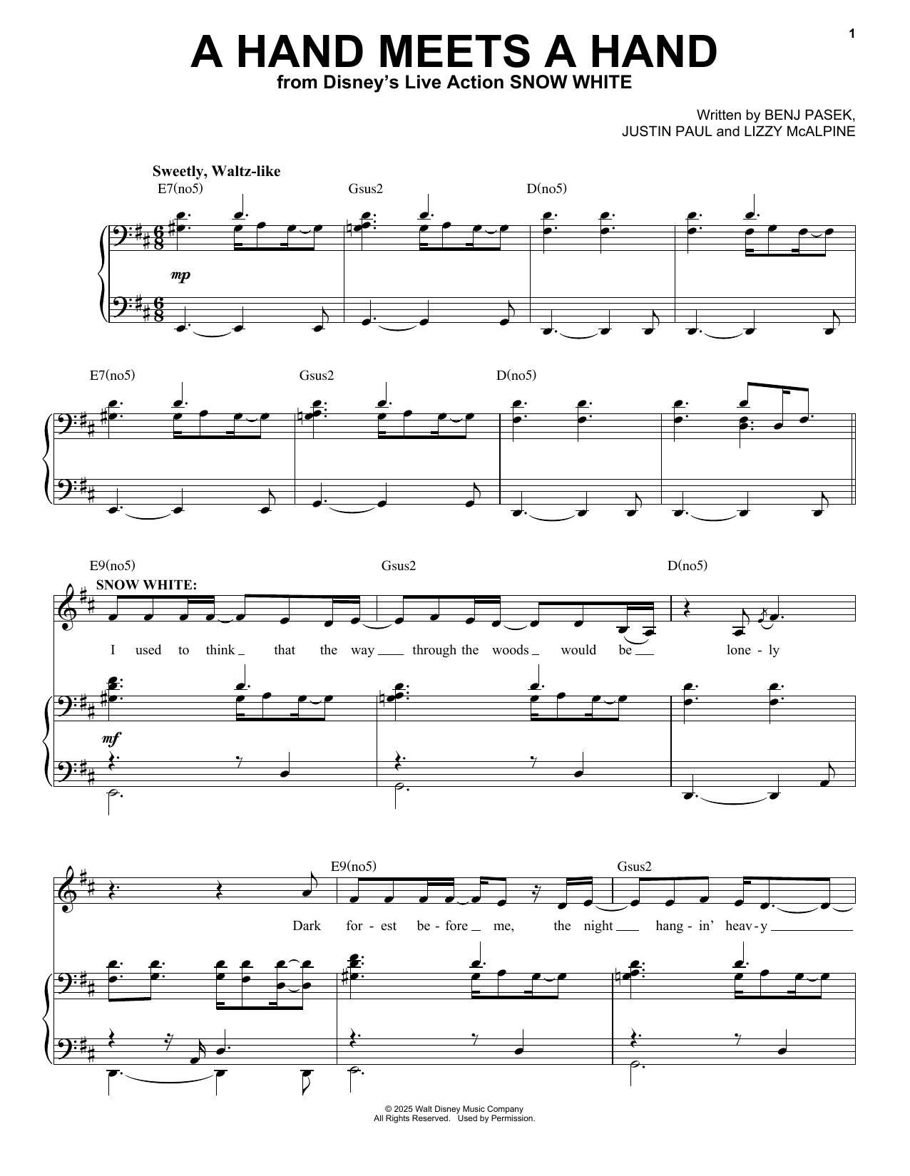 Pasek & Paul A Hand Meets A Hand (from Snow White) (2025) sheet music notes and chords arranged for Piano & Vocal