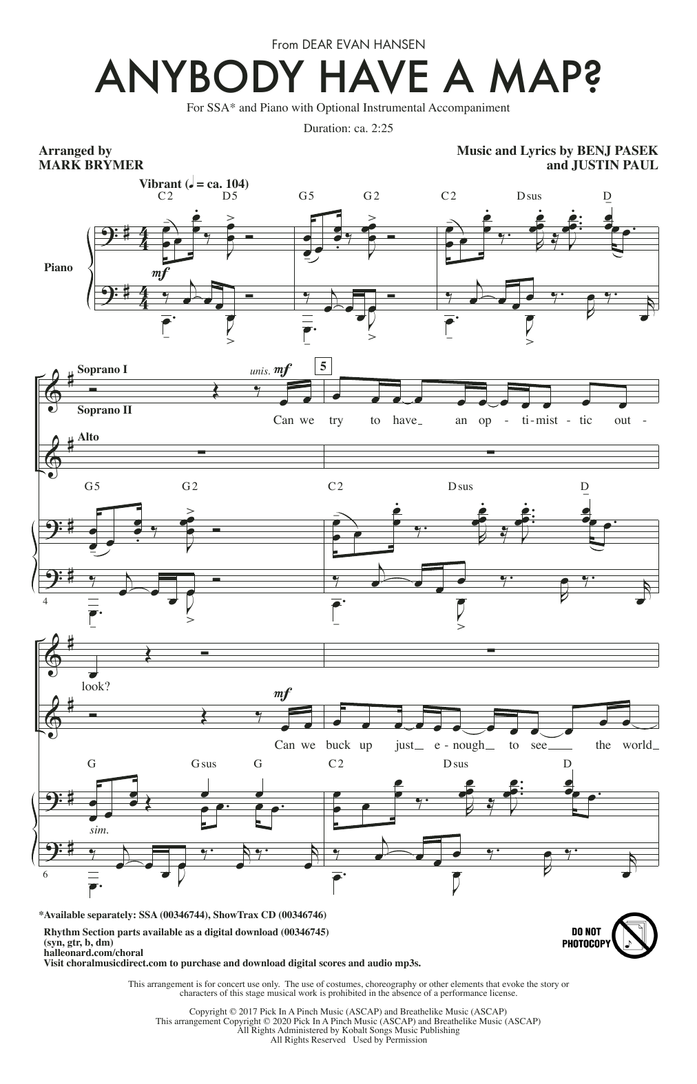 Pasek & Paul Anybody Have A Map? (from Dear Evan Hansen) (arr. Mark Brymer) sheet music notes and chords arranged for SSA Choir