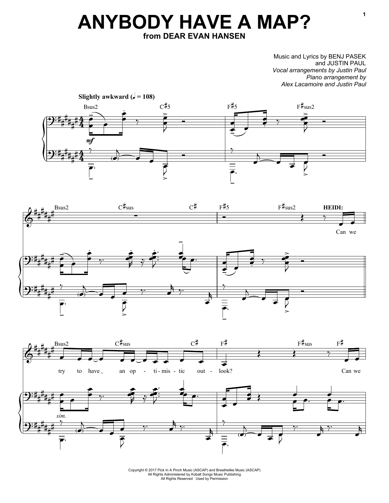 Pasek & Paul Anybody Have A Map? (from Dear Evan Hansen) sheet music notes and chords arranged for Piano & Vocal