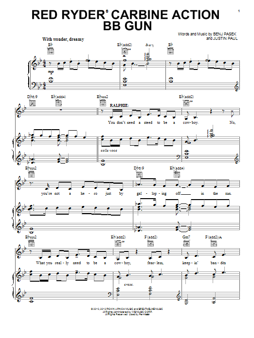 Pasek & Paul Red Ryder Carbine Action BB Gun sheet music notes and chords arranged for Piano, Vocal & Guitar Chords (Right-Hand Melody)