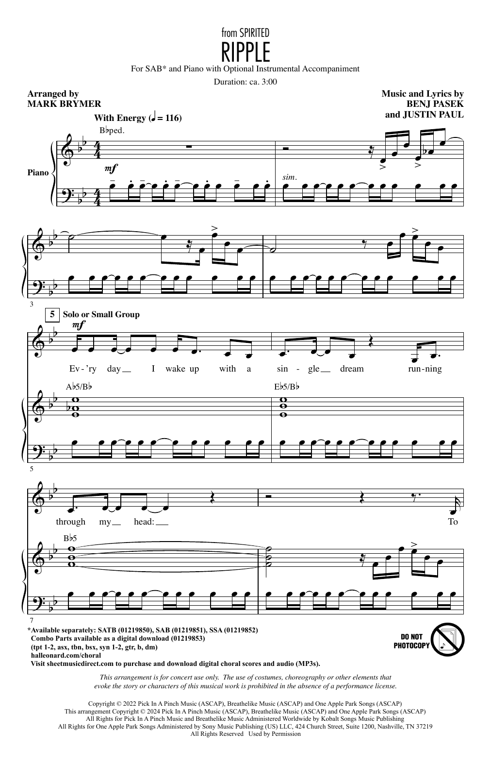 Pasek & Paul Ripple (Cut Song from Spirited) (arr. Mark Brymer) sheet music notes and chords arranged for SAB Choir