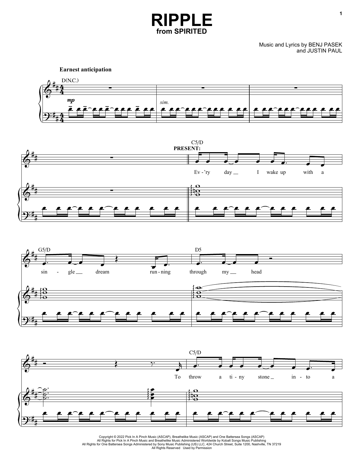 Pasek & Paul Ripple (Cut Song) (from Spirited) sheet music notes and chords arranged for Piano & Vocal