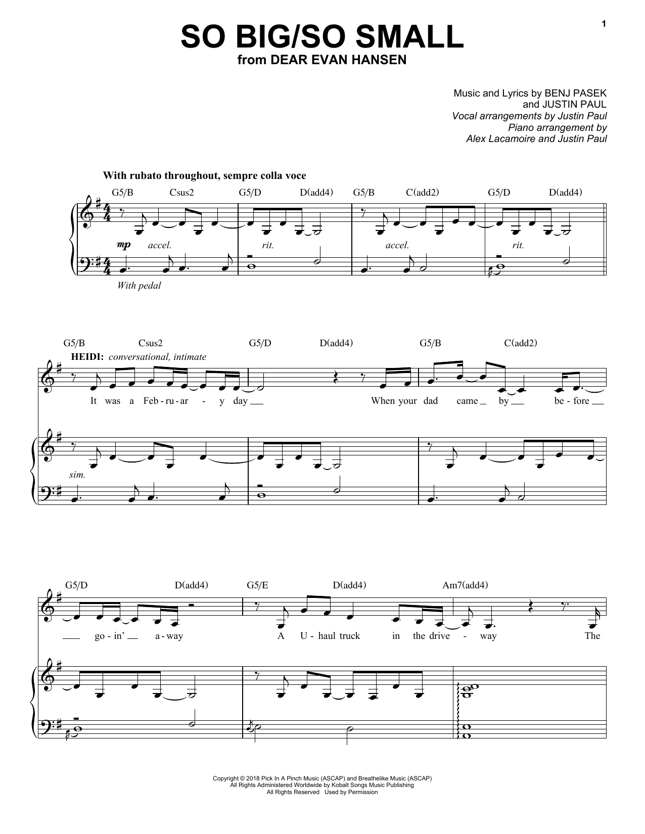 Pasek & Paul So Big/So Small (from Dear Evan Hansen) sheet music notes and chords arranged for Piano, Vocal & Guitar Chords (Right-Hand Melody)