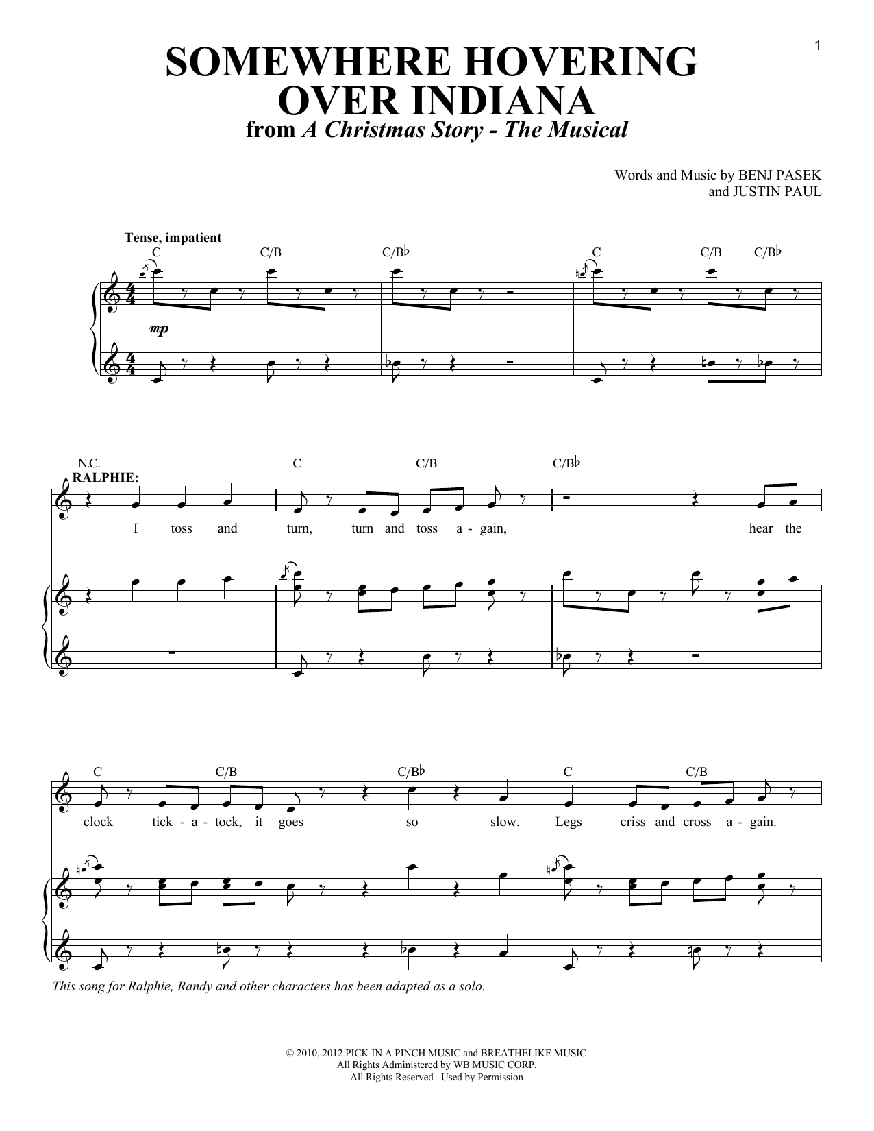 Justin Paul Somewhere Hovering Over Indiana sheet music notes and chords arranged for Piano & Vocal