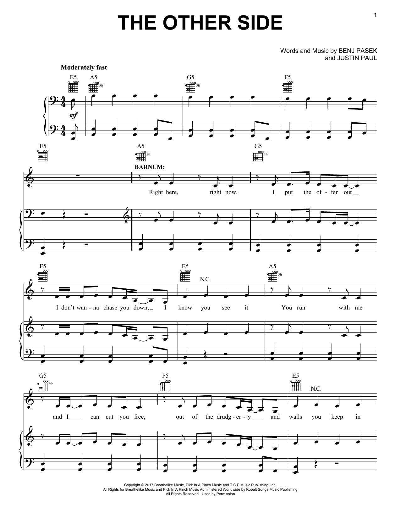 Pasek & Paul The Other Side sheet music notes and chords arranged for Easy Piano