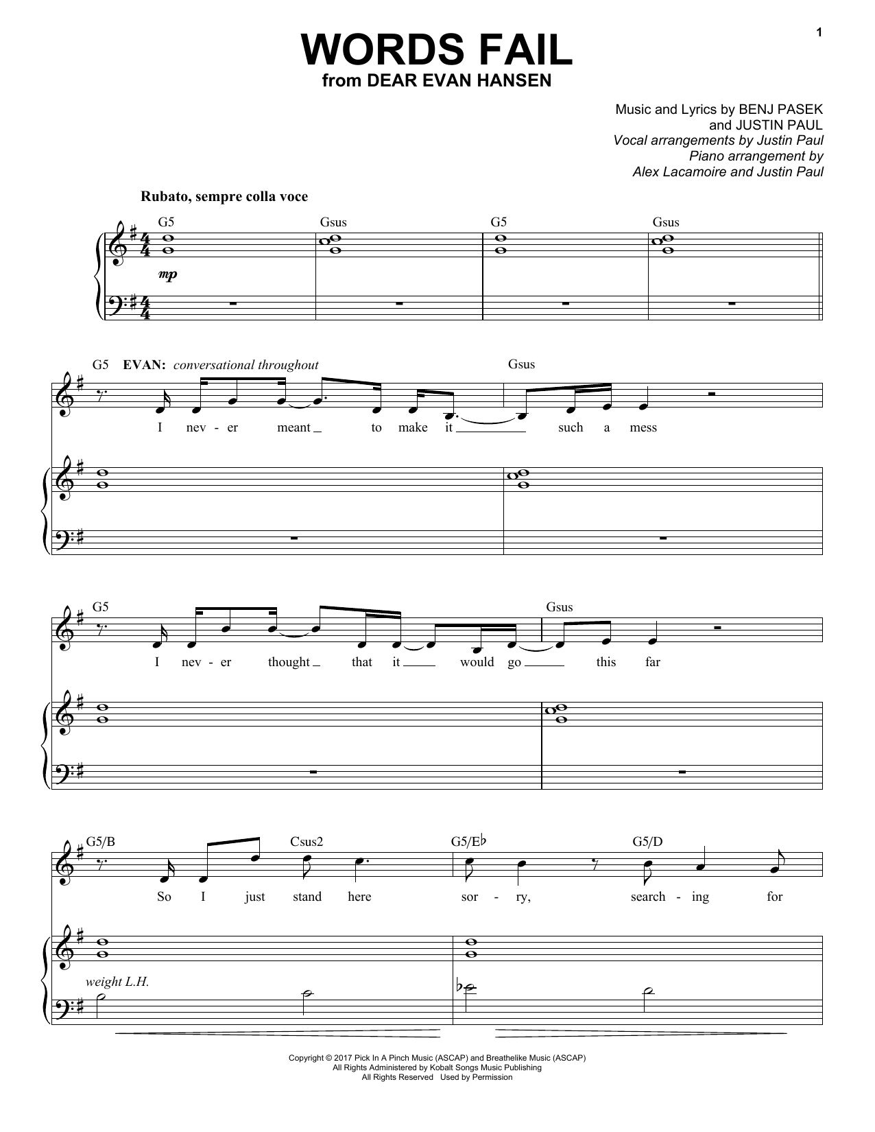 Pasek & Paul Words Fail (from Dear Evan Hansen) sheet music notes and chords arranged for Piano, Vocal & Guitar Chords (Right-Hand Melody)