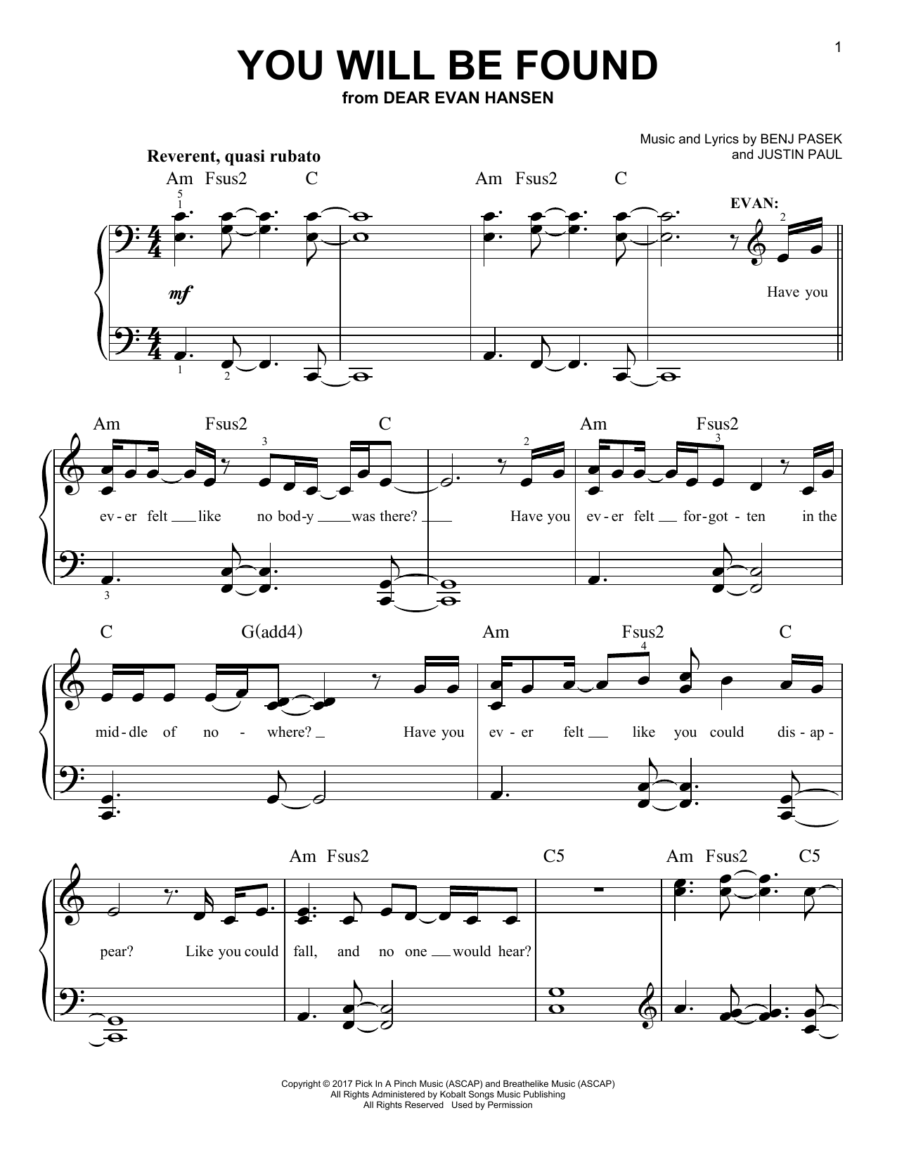Pasek & Paul You Will Be Found (from Dear Evan Hansen) sheet music notes and chords arranged for Easy Piano