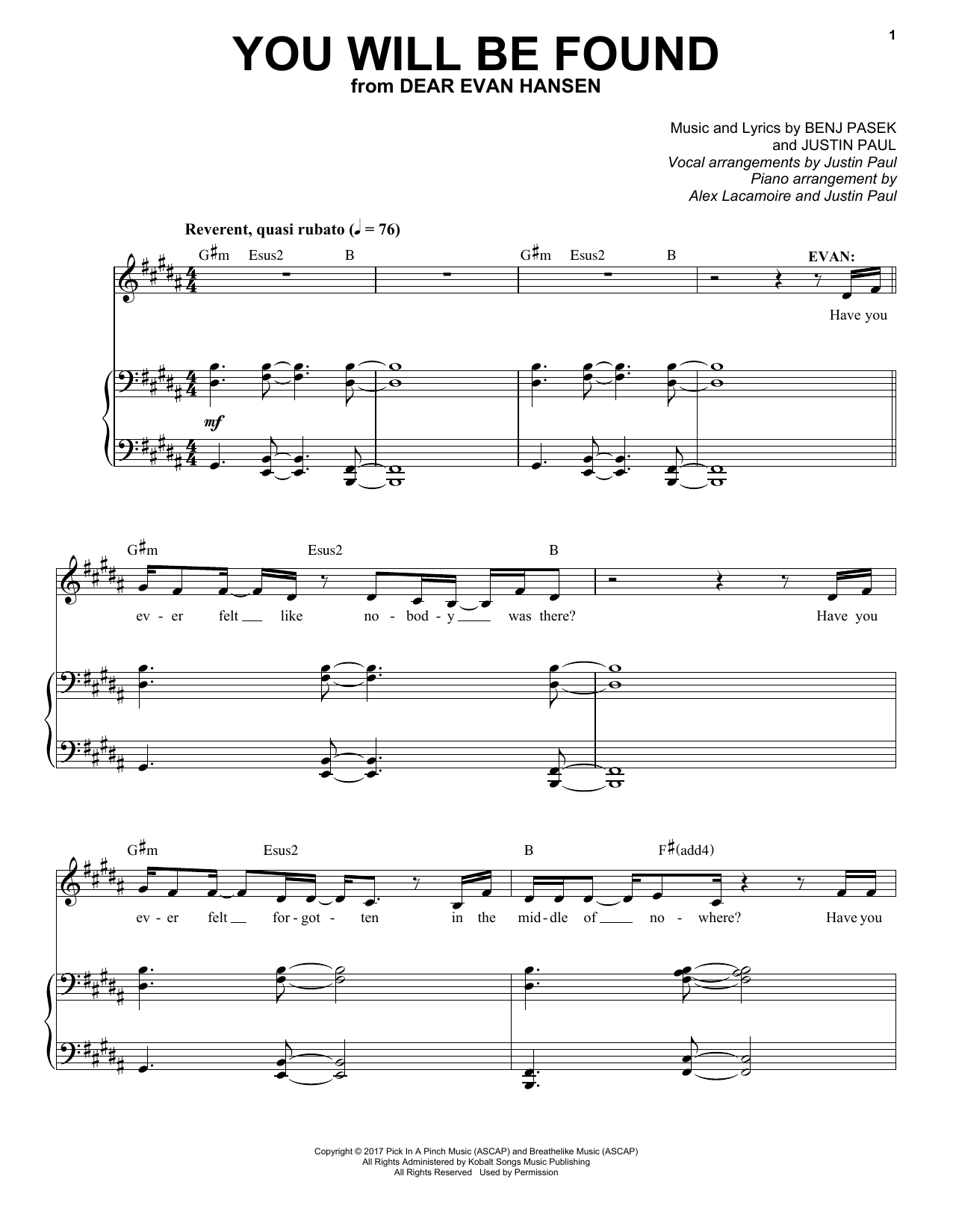 Pasek & Paul You Will Be Found sheet music notes and chords arranged for Piano & Vocal