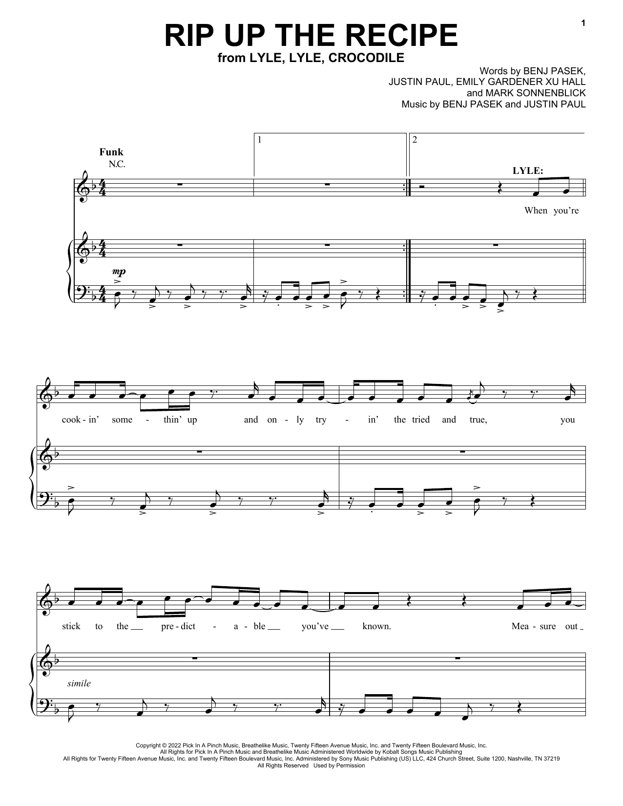 Pasek & Paul Rip Up The Recipe (from Lyle, Lyle, Crocodile) sheet music notes and chords arranged for Piano, Vocal & Guitar Chords (Right-Hand Melody)