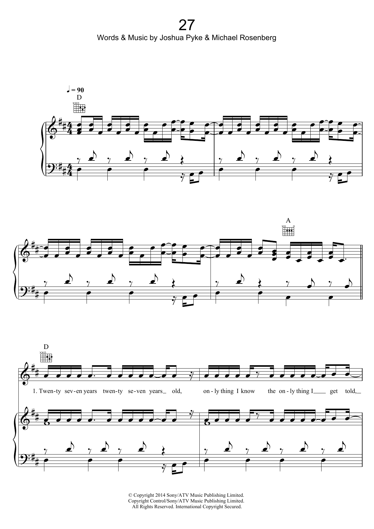 Passenger 27 sheet music notes and chords arranged for Piano, Vocal & Guitar Chords